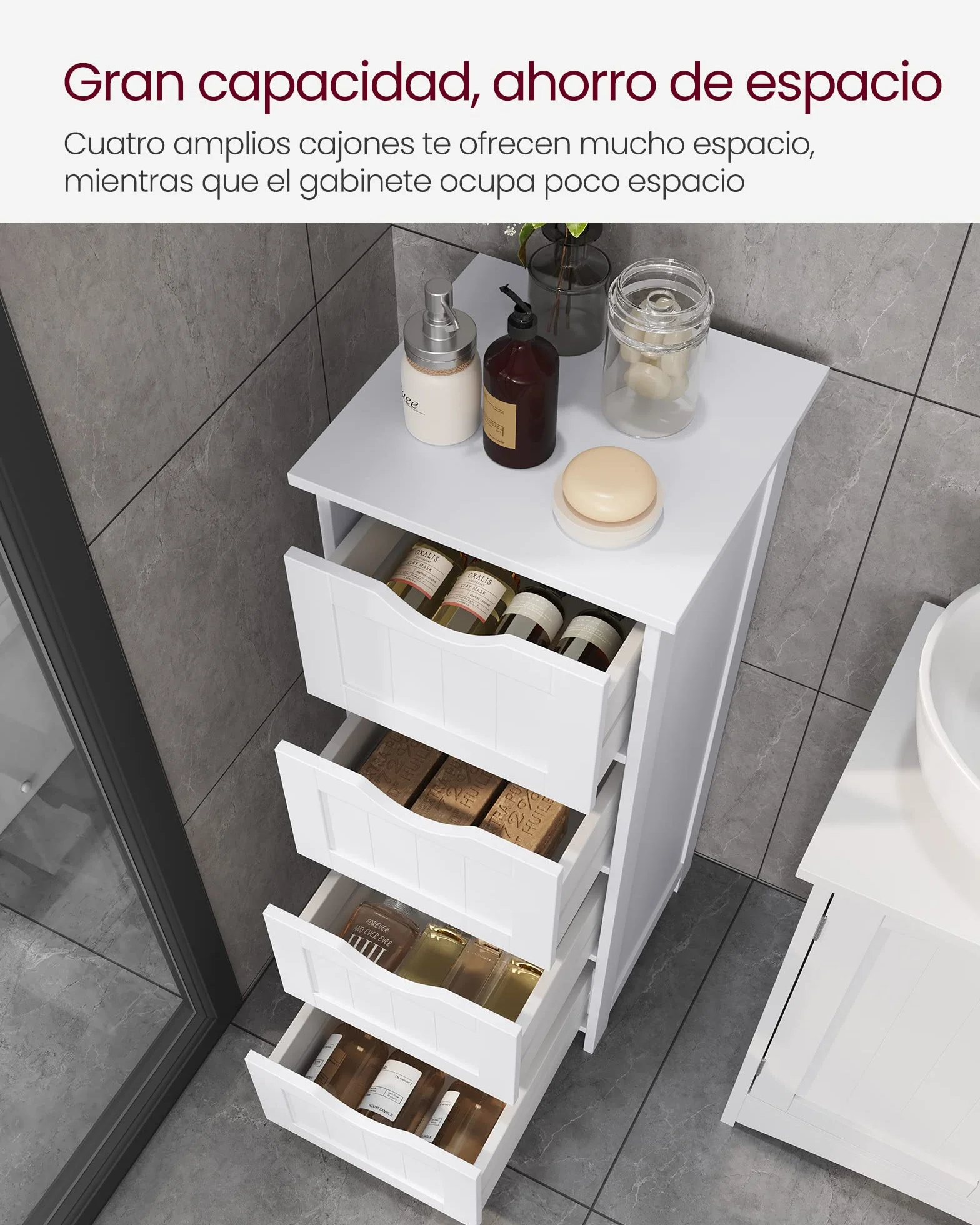 VASAGLE Armario de baño de pie con 4 cajones 30x30x82 cm Blanco LHC40W
