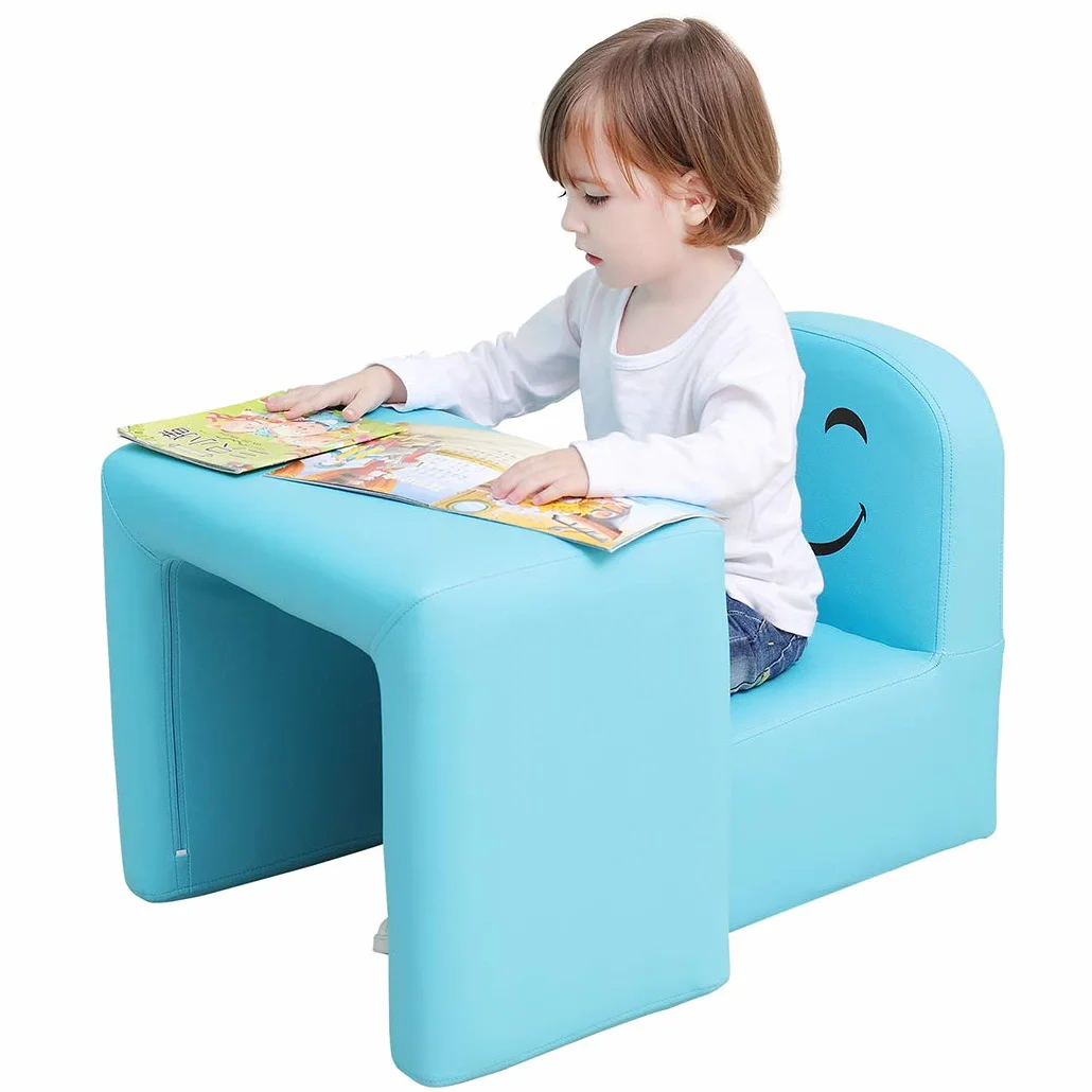 Sillón multifuncional para niños con mesa y taburete sonrisa divertida Azul