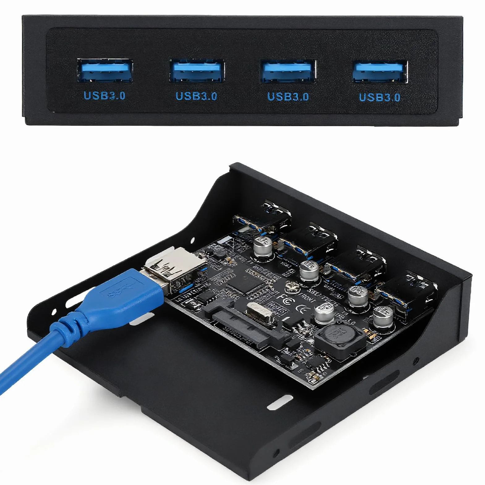 Panel Frontal USB PCI-E a 4xUSB3.0 para Chip Tarjeta de extensión Frontal Adaptador de bahía Flexible Tarjeta Vertical de expansión con Interfaz de alimentación SATA Negro