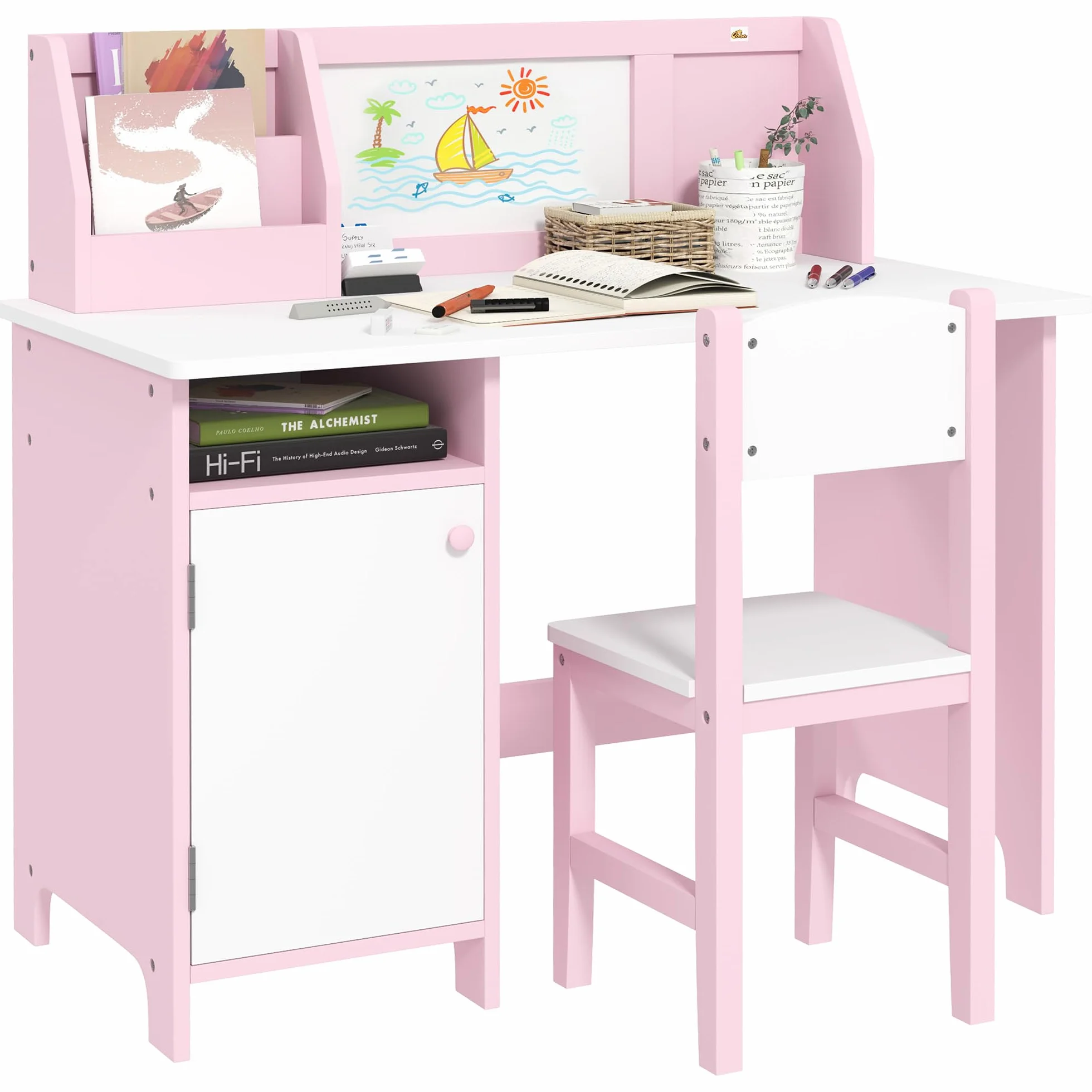 HOMCOM Juego de Mesa y Silla Infantil de Madera con Pizarra Blanca Mesa de Estudio para Niños de +5 Años Mueble Escritorio Infantil 90x45x85 cm Rosa