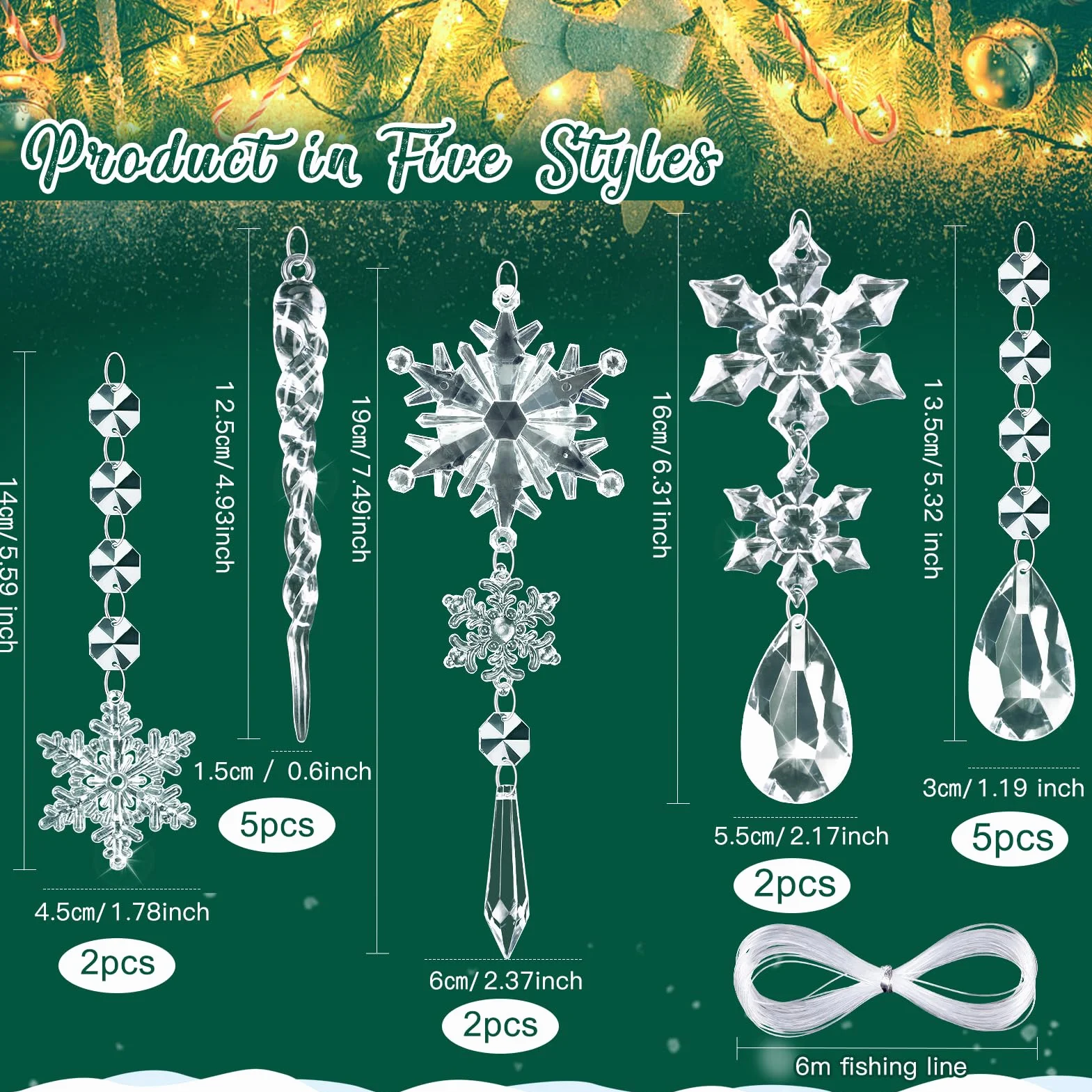 Kiiwah 16 Piezas Adornos de Cristal Decoración Árbol Navidad, Gotas Copo Nieve Acrílico Colgante Carámbano Hogar Ventana