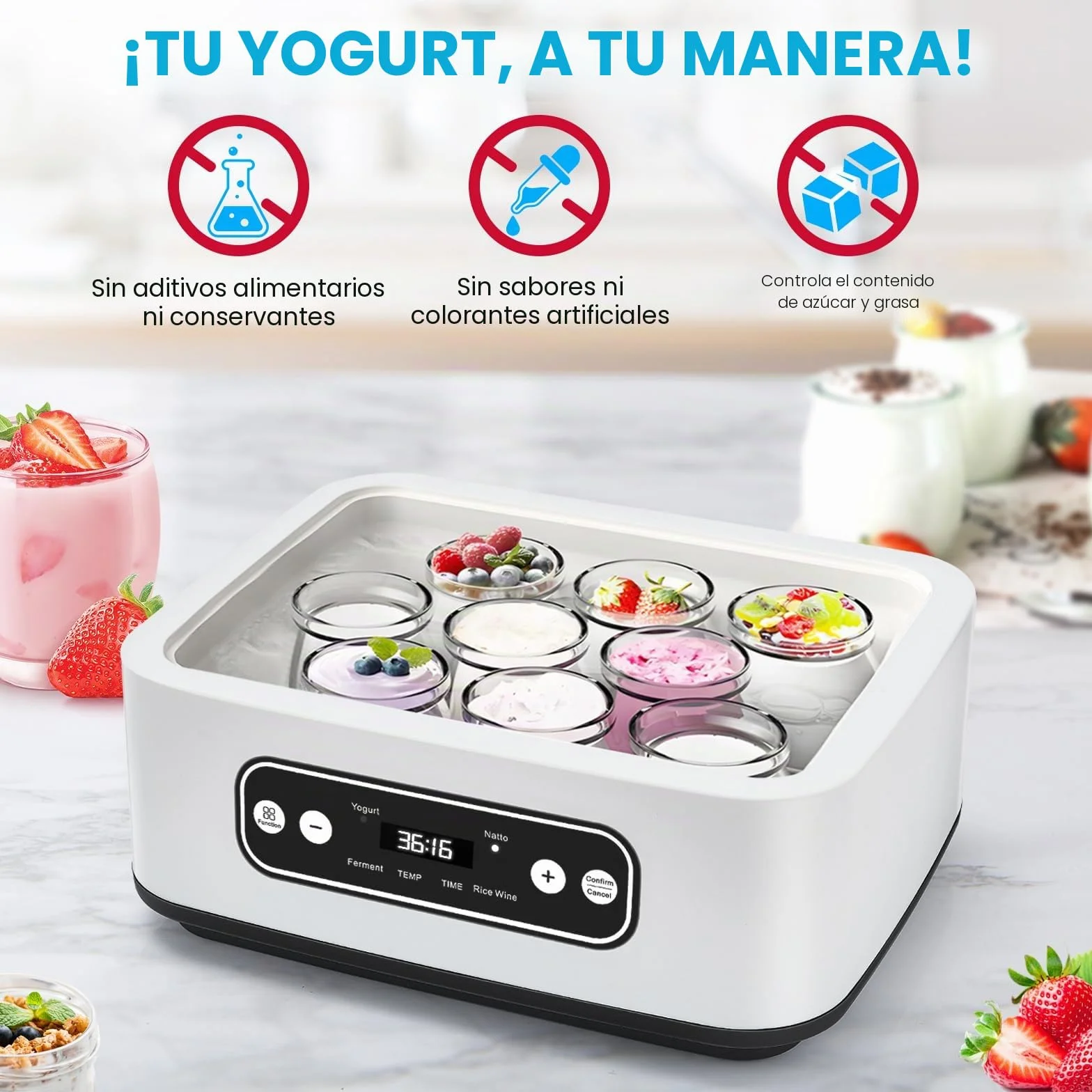 Yogurtera 1.6L 9 Latas 304 Acero Inoxidable Calentamiento PTC Fermentación