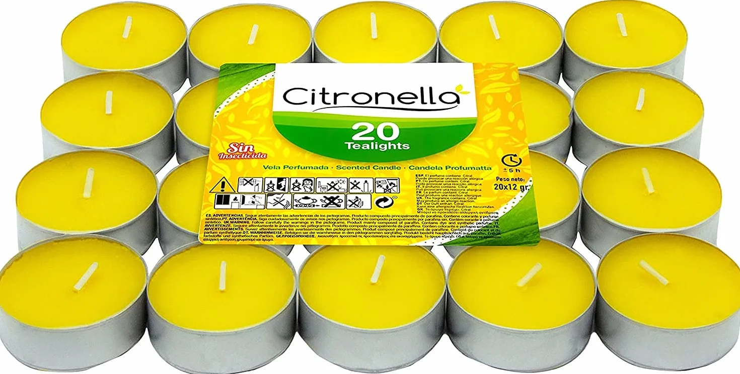 Pack de 20 Velas Citronela Perfumada - Vela Perfumada Antimosquitos - Tealight Citronella Candles - 4 Horas Duración Sin Insecticida.