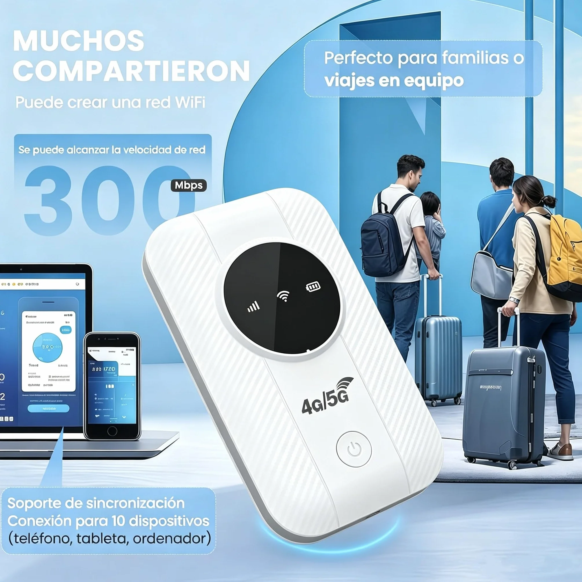 Router WiFi Portátil 4G/5G Desbloqueado con Ranura SIM, Conexión para 10 Dispositivos, Cobertura 4G/5G, Compatible con Todos los Operadores, Seguridad WPA2, Ideal para Viajes y Teletrabajo