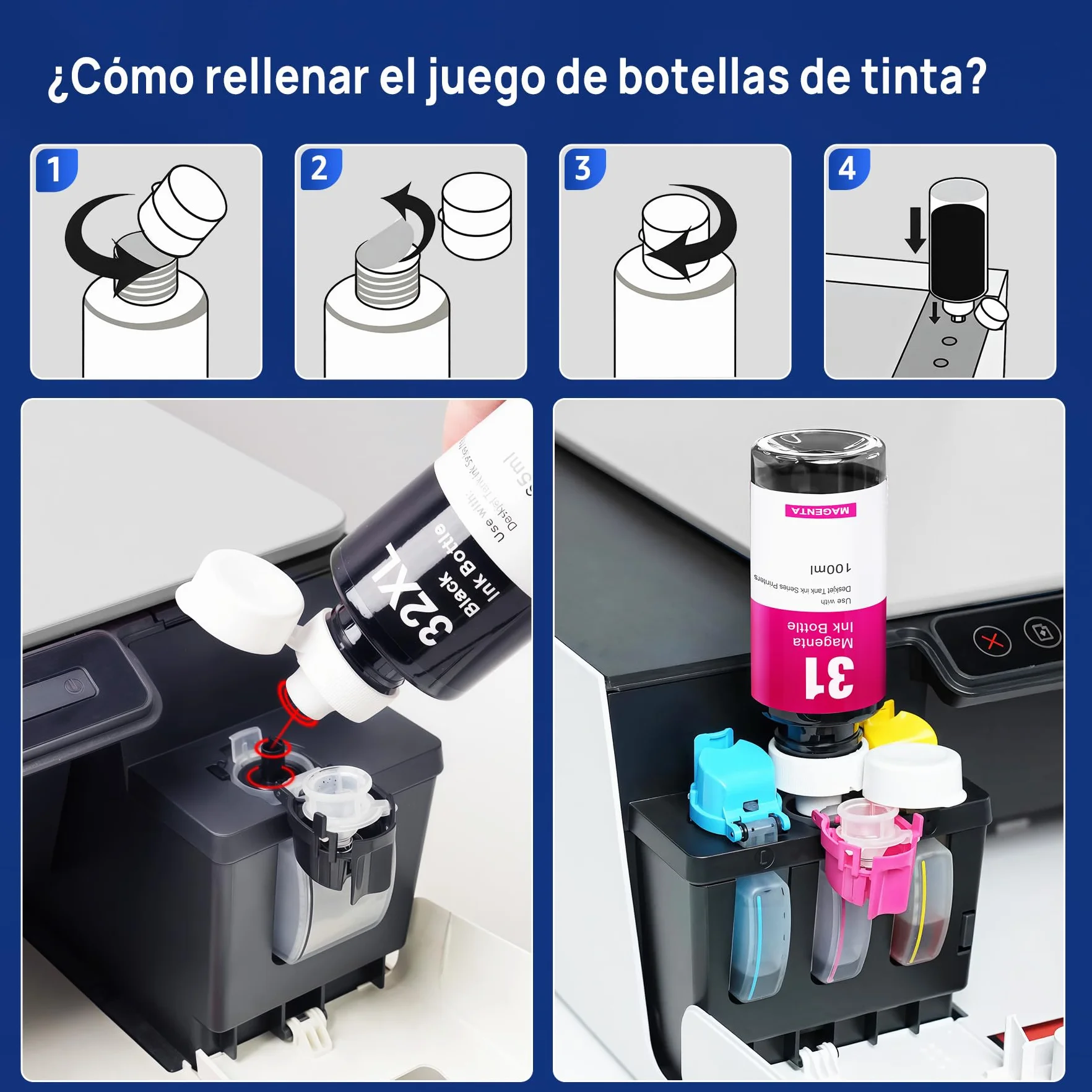 Denvoer 31 32XL Tinta Compatible con Tinta HP 31 32XL y HP Smart Tank 5105 Tinta para HP Smart Tank 5106 7005 7605 7306 7606 y HP Smart Tank Plus 555 455 515 530 655 750 Impresoras (4 Botellas)
