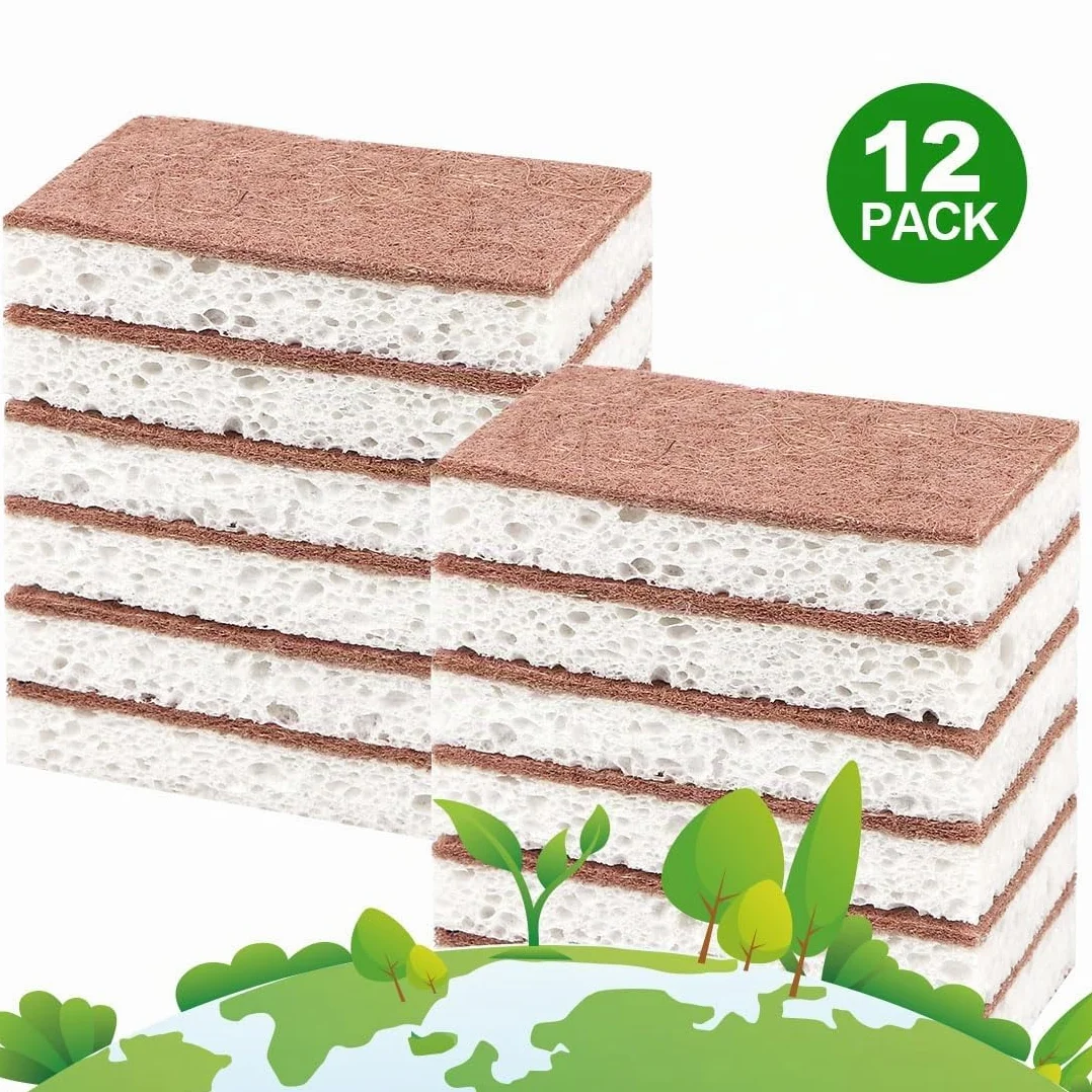 Set de 12 esponjas de cocina naturales HOMEXCEL, doble cara, resistentes a arañazos, celulosa segura para sartenes antiadherentes