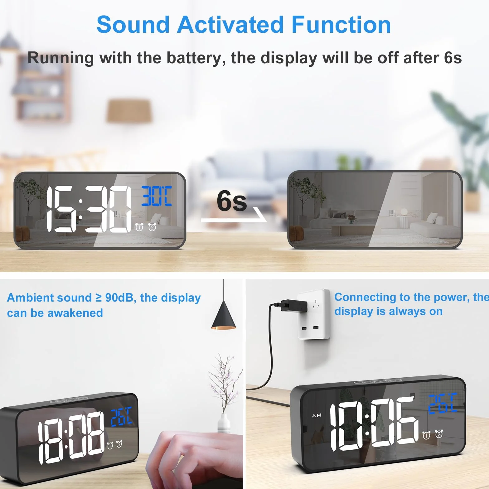 CHEREEKI Reloj Despertador Digital con Temperatura, Brillo Ajustable, Alarma Dual, Puerto USB