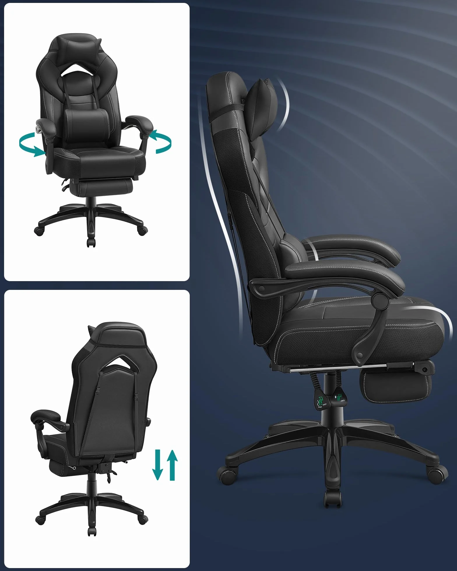 SONGMICS Silla Gaming Ergonómica con Reposapiés y Reposacabezas Ajustable, 150 kg, Negro