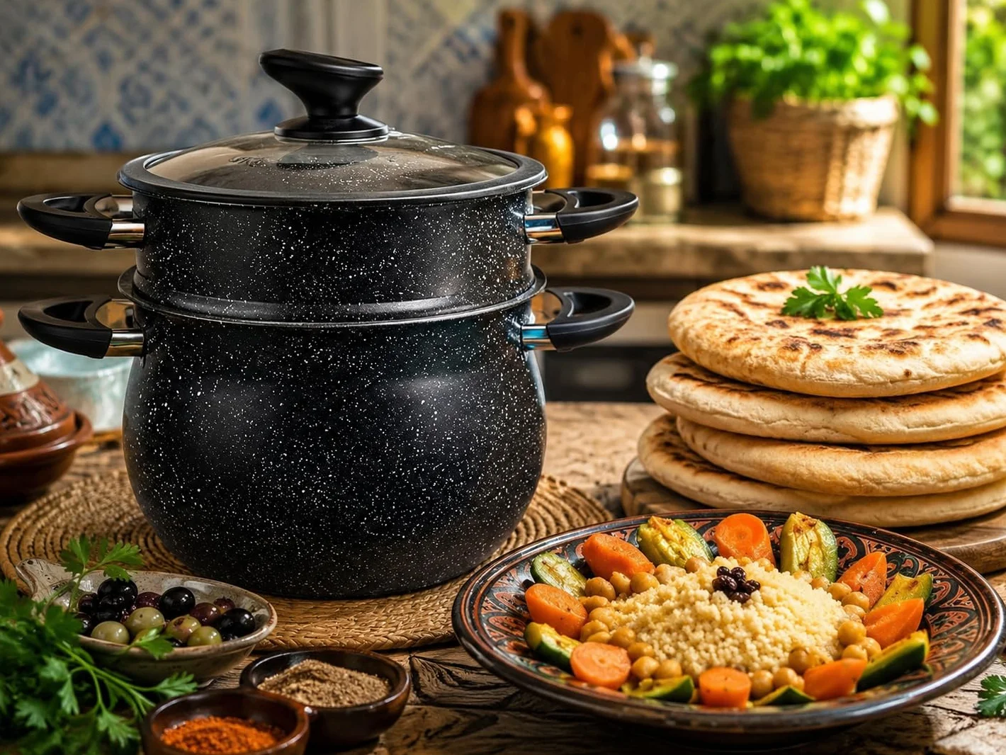 Royal Swiss Cuscoussier 30 cm 14L tapa de cristal revestimiento piedra antiadherente aluminio negro inducción olla vapor couscous verduras