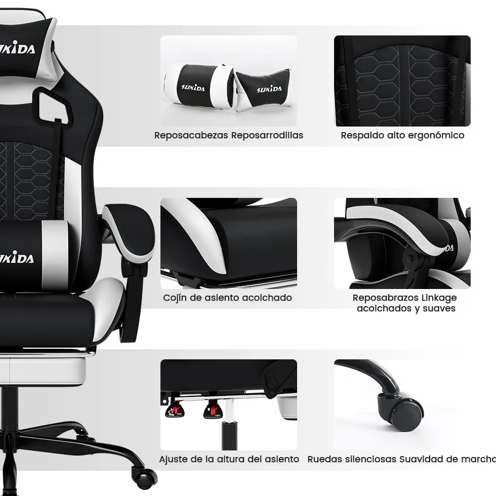 Silla Ergonómica para Videojuegos SUKIDA, Piel Sintética, Reposacabezas, Soporte Lumbar, 150 kg