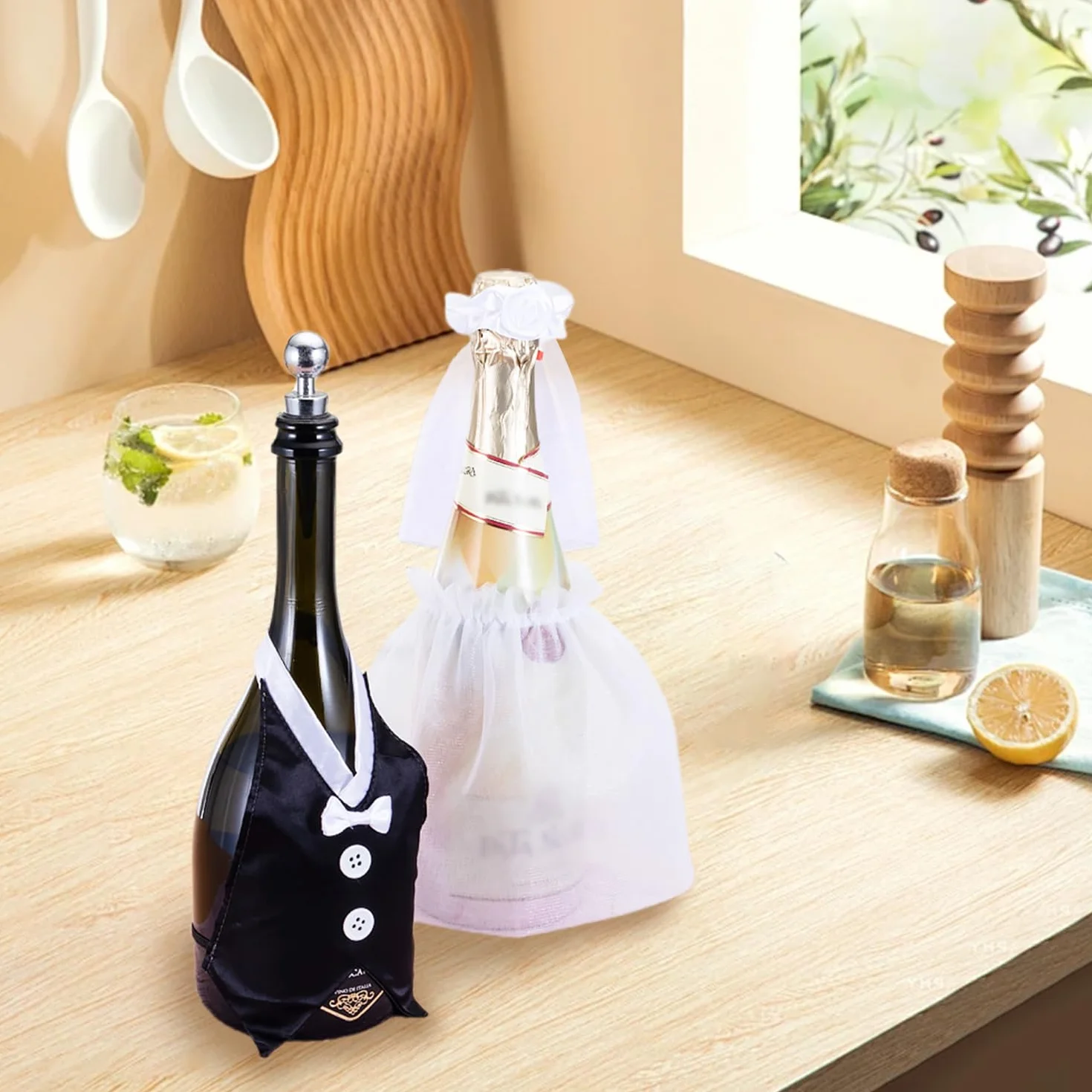 Decoraciones para Botellas de Vino de Boda, Juego de 2, Ajustables para Novios, Champagne