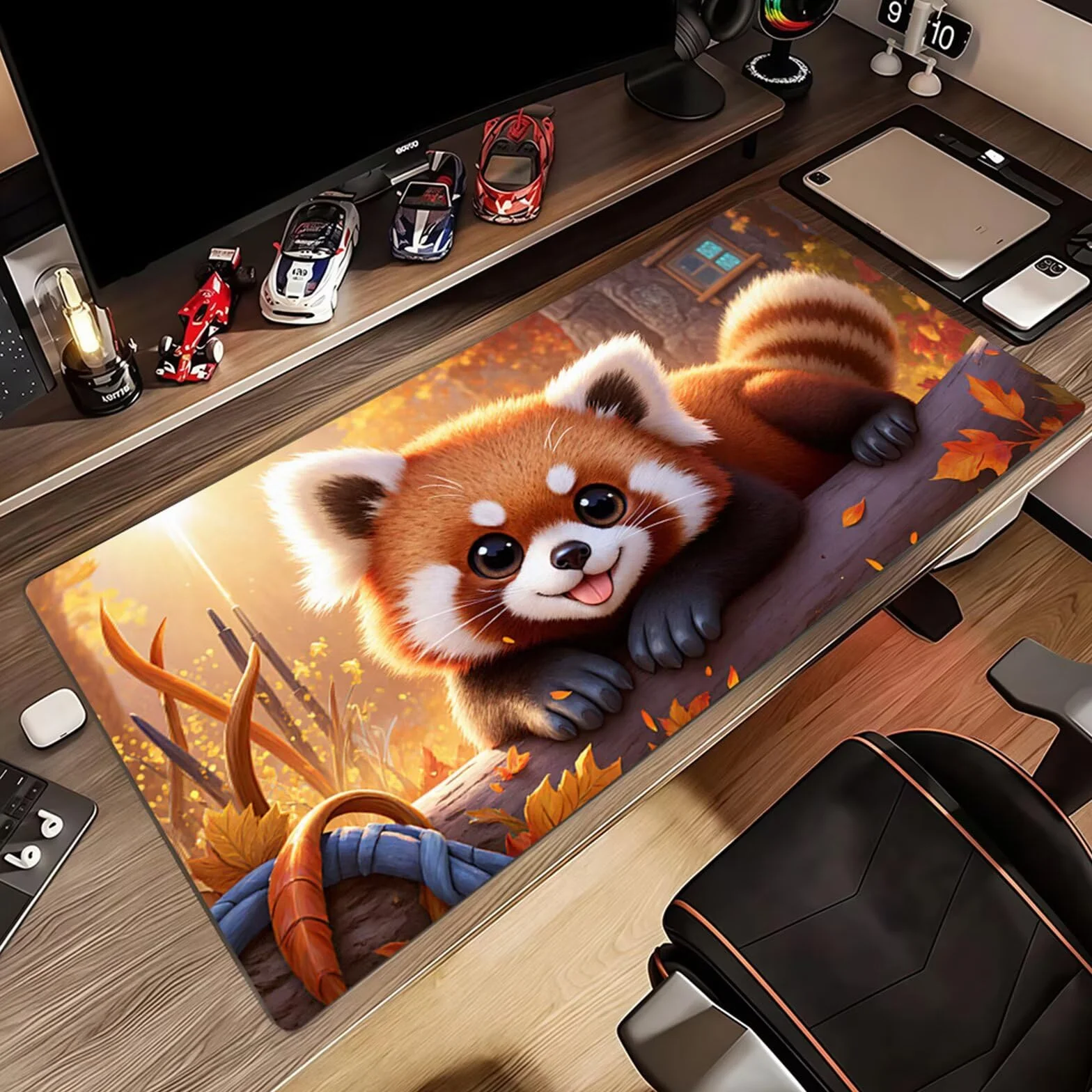 Alfombrilla de Ratón XXL 1000x500x2mm, Alfombrilla de Escritorio Grande Lindo Panda Pequeño, Mouse Pad Gaming Antideslizante con Bordes Cosidos para Teclado, PC y Oficina