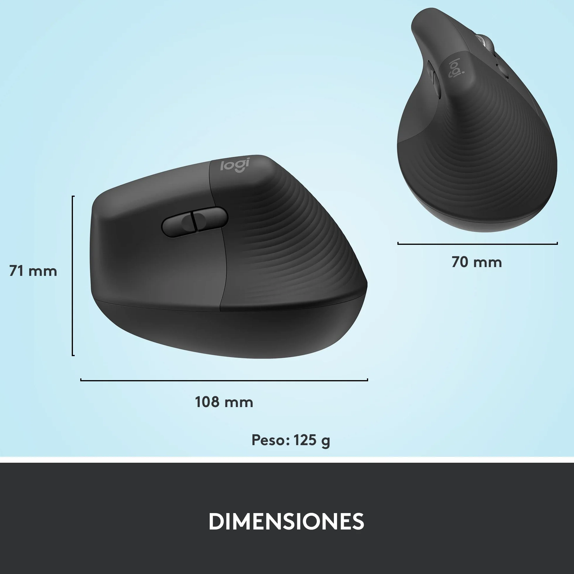 Logitech Lift Ratón Ergonómico Vertical, Inalámbrico, Bluetooth o Receptor Logi Bolt USB, clics Silenciosos, 4 Botones, Compatible con Windows/macOS/iPadOS, portátil, PC - Grafito