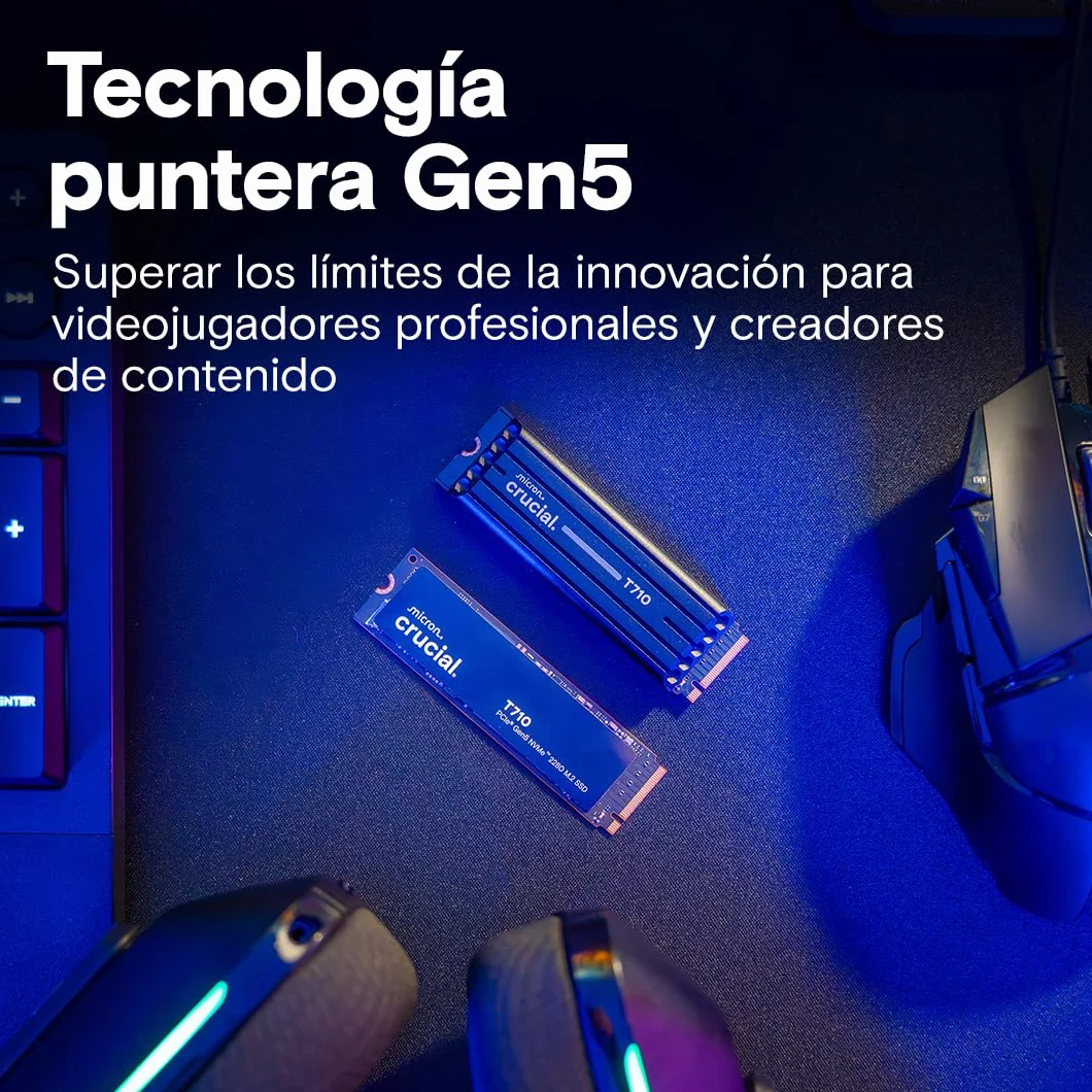 Crucial T710 SSD 1TB PCIe 5.0 x4 Gen5 NVMe M.2, Velocidades de Lectura hasta 14900 MB/s, Escritura 13700 MB/s, Ordenador Portátil y de Sobremesa, TLC NAND - CT1000T710SSD8-01