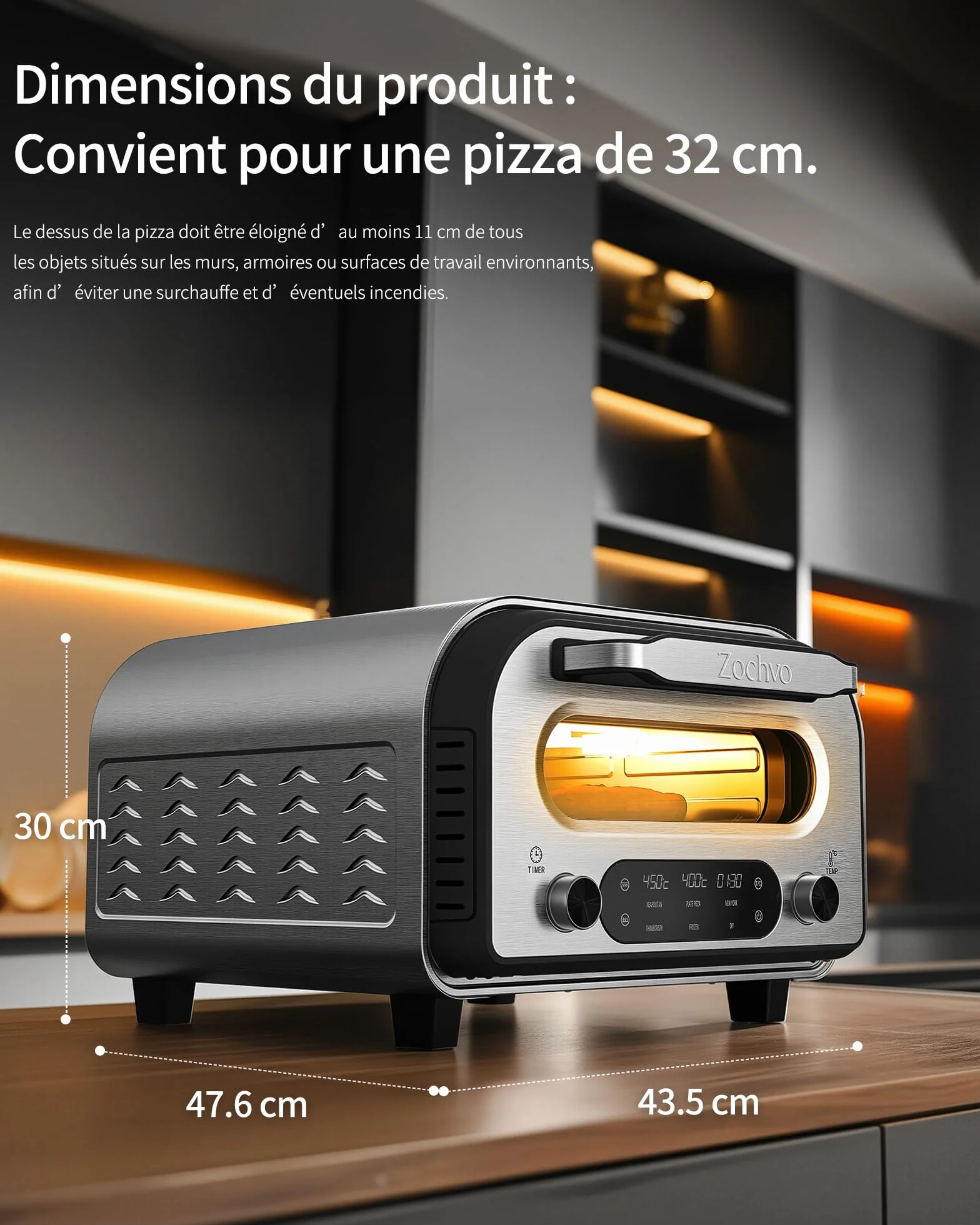 Horno Eléctrico para Pizza 450°C 5 Programas Temporizador 1-60 min Pantalla Táctil Acero Inoxidable