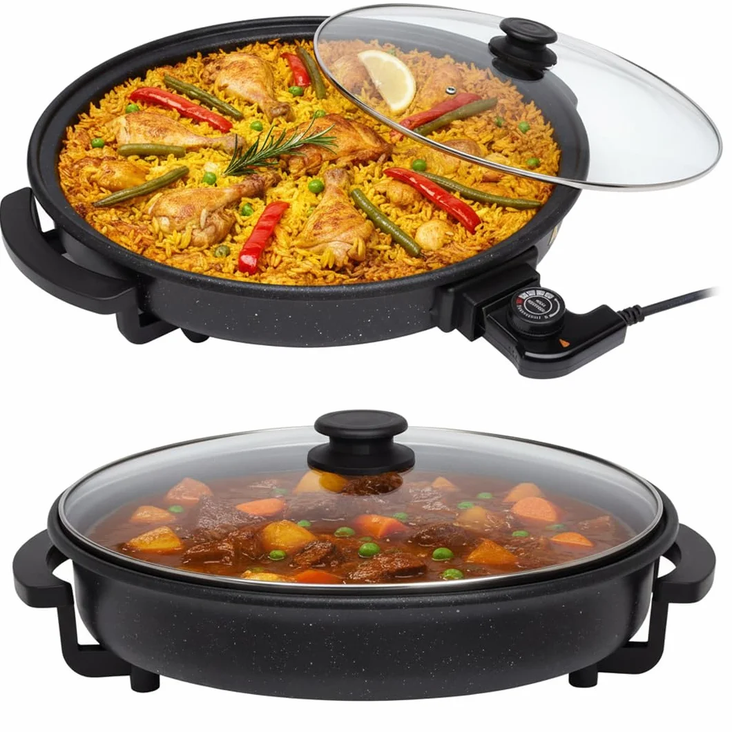 Sogo Sartén Paellera Eléctrica Ø42CM Con Tapa Cristal Reforzado - Multicazuela Antiadherente Para Paellas Y Carnes - Plancha Eléctrica Con Termostato 240ºC - Wok Multifunción Que Ahorra Energía