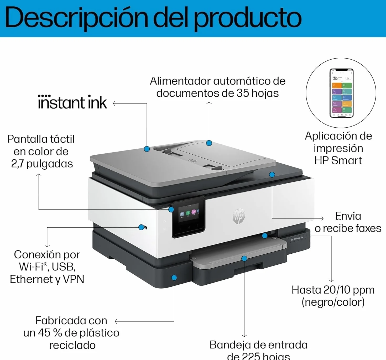HP OfficeJet Pro 8122e, Impresora multifunción Profesional de Tinta A4 a Color, Copia, Escáner, Mobile Fax, Wi-Fi, Impresión a Doble Cara automática, 6 Meses de impresión Instant Ink, Gris