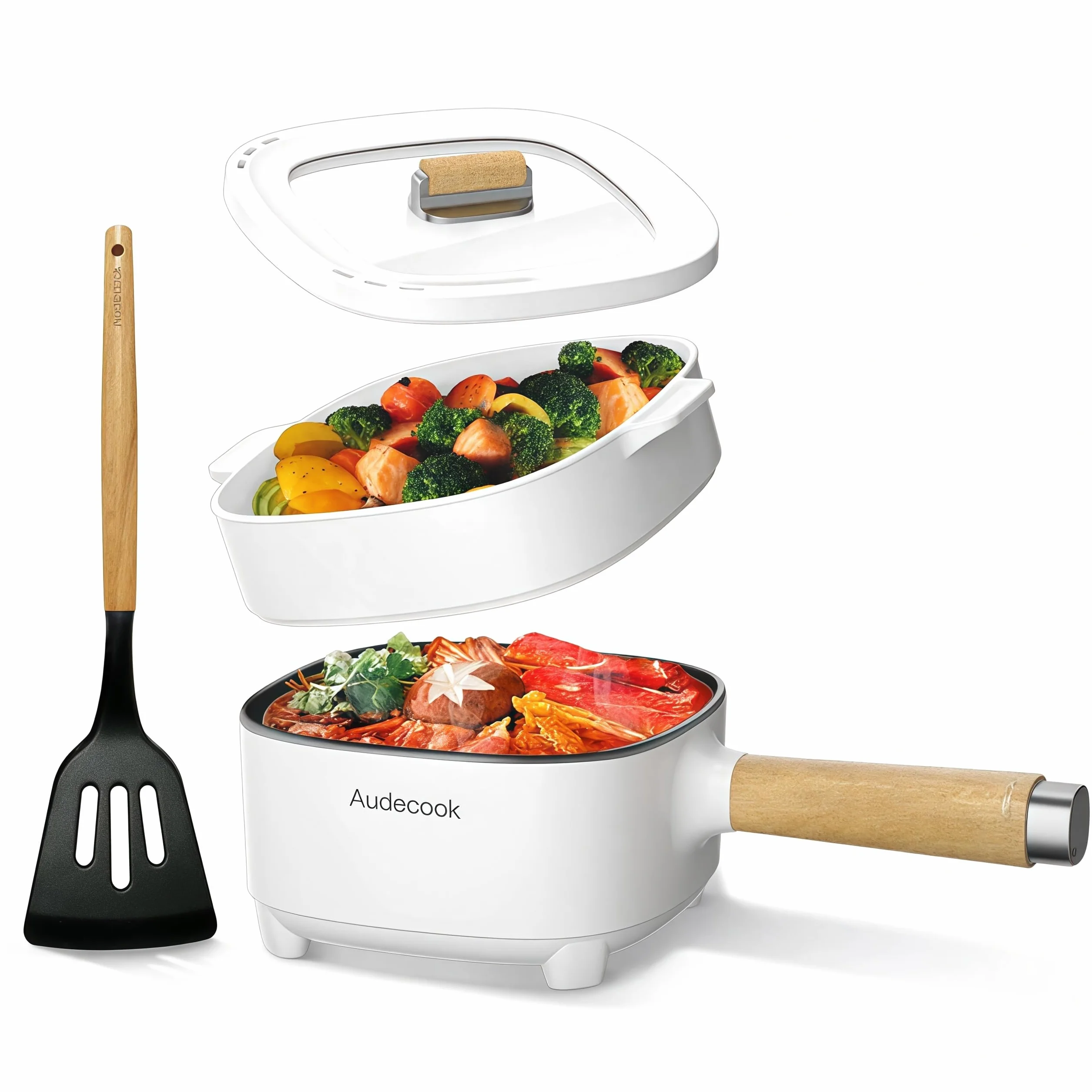 Audecook Sartén eléctrica, sartén antiadherente de cerámica mejorada de 2 l, sartén eléctrica Ramen para bistec, huevos, arroz frito, avena, sopa. Terminales de alimentación doble controlables