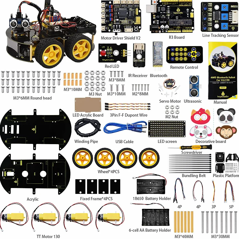 KEYESTUDIO Kit de Arranque de Coche 4WD Car Kit para Arduino IDE, Control Remoto Bluetooth IR, Seguimiento de línea, evitación de obstáculos, etc. Kit de robótica de programación para 14+ Adolescente