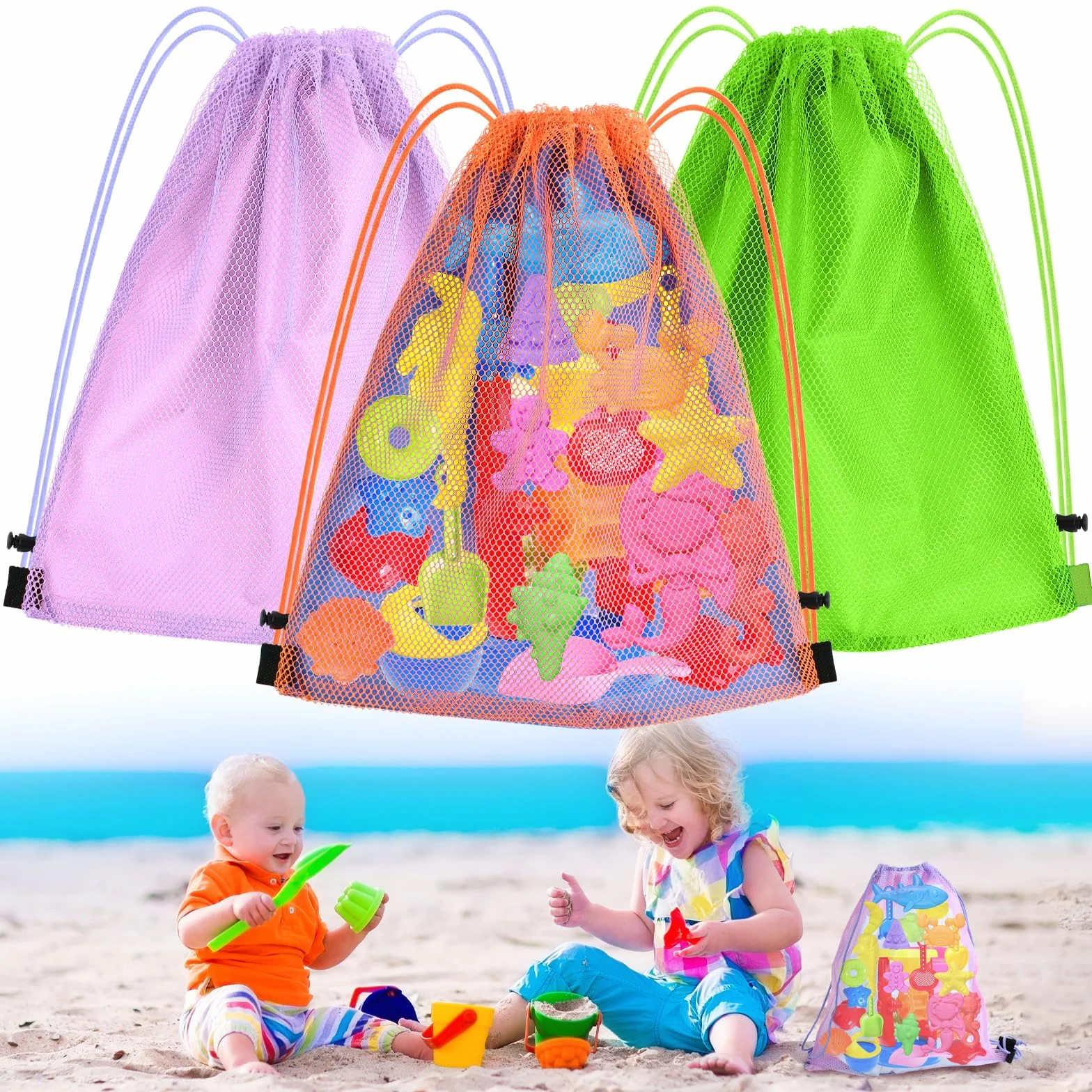 Bolsa Playa Juguetes, 3 PCS Bolsa Malla Juguetes Playa, Bolsa de playa de malla con cordón, Bolsa Playa Arena, para Viajes Familiares, Juguetes, Natación, Actividades al Aire Libre