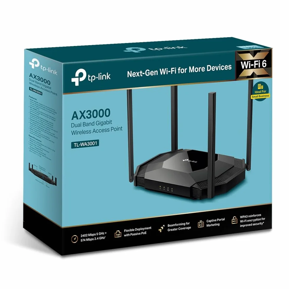 TP-Link TL-WA3001 Punto de Acceso WiFi 6 AX3000, Puente Wi-Fi, HE160, Beamforming, 4 Antenas Fijas, PoE Pasivo, Modo Multi-SSID/Cliente/Extensor