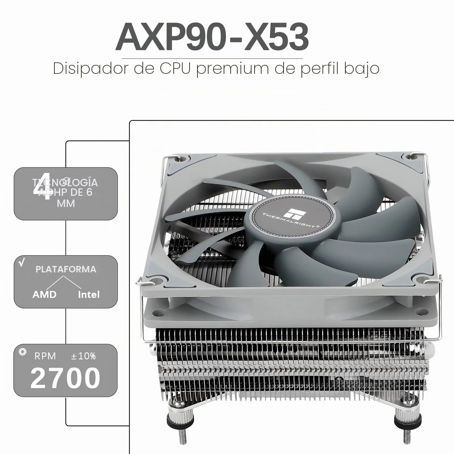 TR-Thermalright AXP90 X53 disipador de CPU - 4 tubos de calor, ventilador silencioso de 92 mm de bajo perfil, 2700 rpm, para AMD AM4/AM5, Intel LGA1851/1700/115x/1200, perfil bajo ITX PC