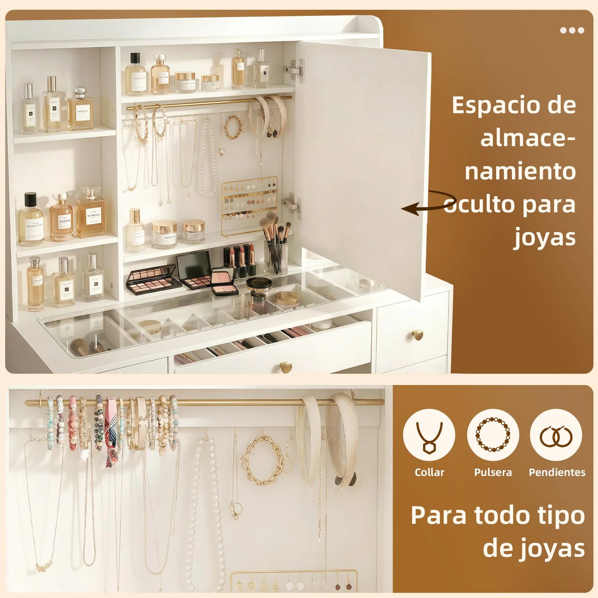 Tocador de Maquillaje con Luces LED Ajustables, Mesa con Espejo, 9 Cajones, 7 Estantes, Soporte para Secador, Blanco