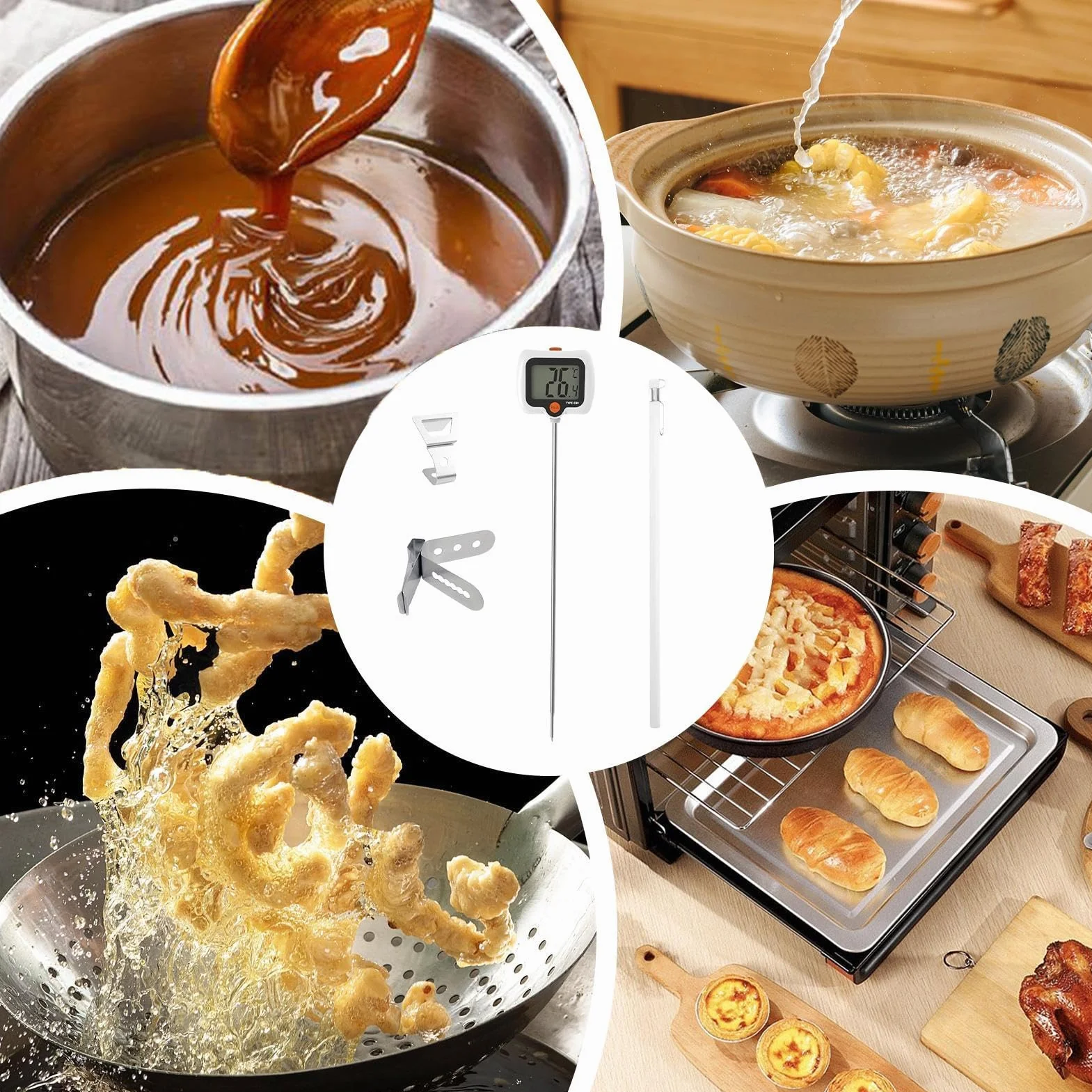 Termómetro De Caramelo con Sonda Larga y Clip - Termómetro de Fritura Profunda con Pantalla Giratoria