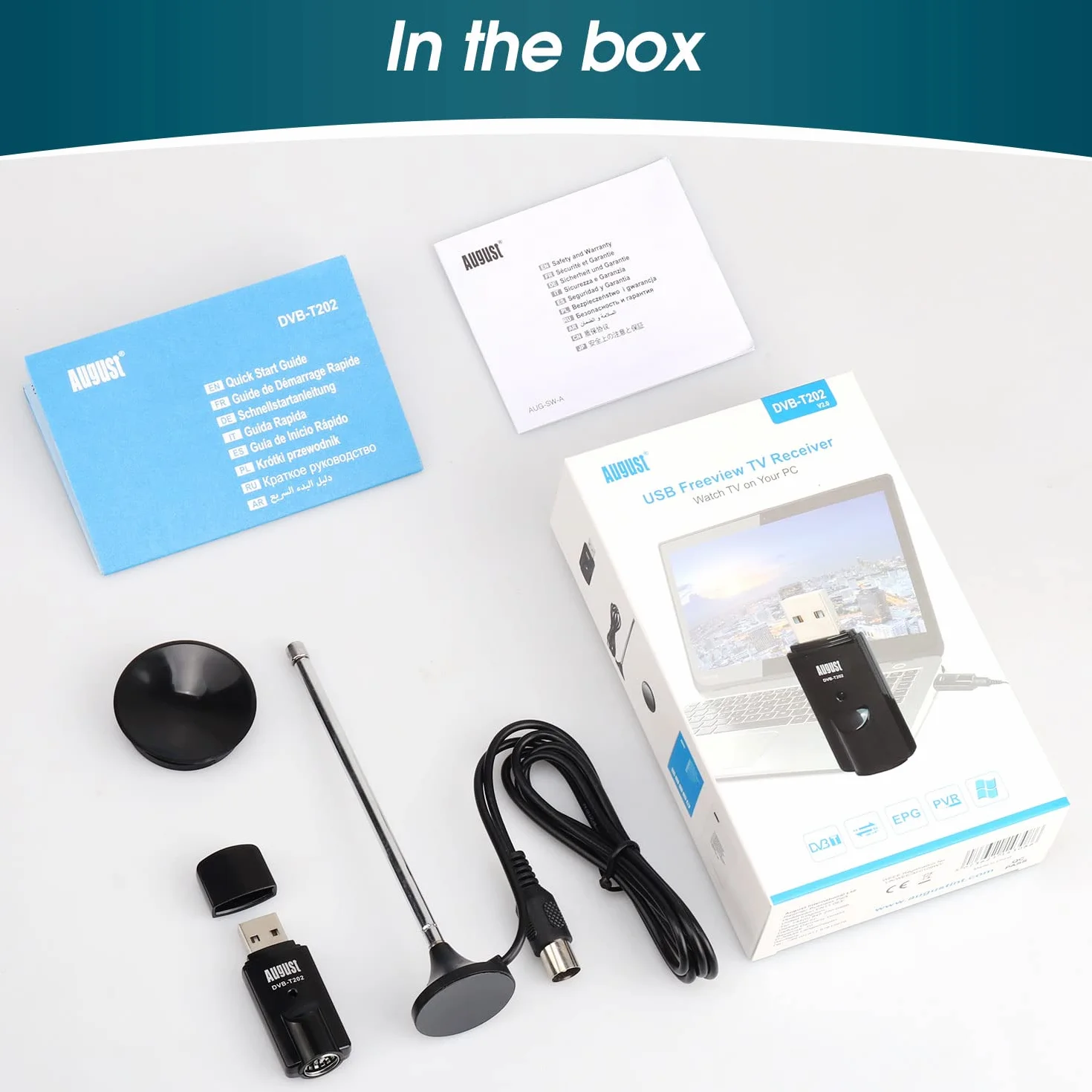 August DVB-T202 Sintonisador TV USB TDT para PC Ordenador Digital - USB TV Stick Television España y Portugal - Windows 11, 10, 8, 7 - Antena y Software incluidos