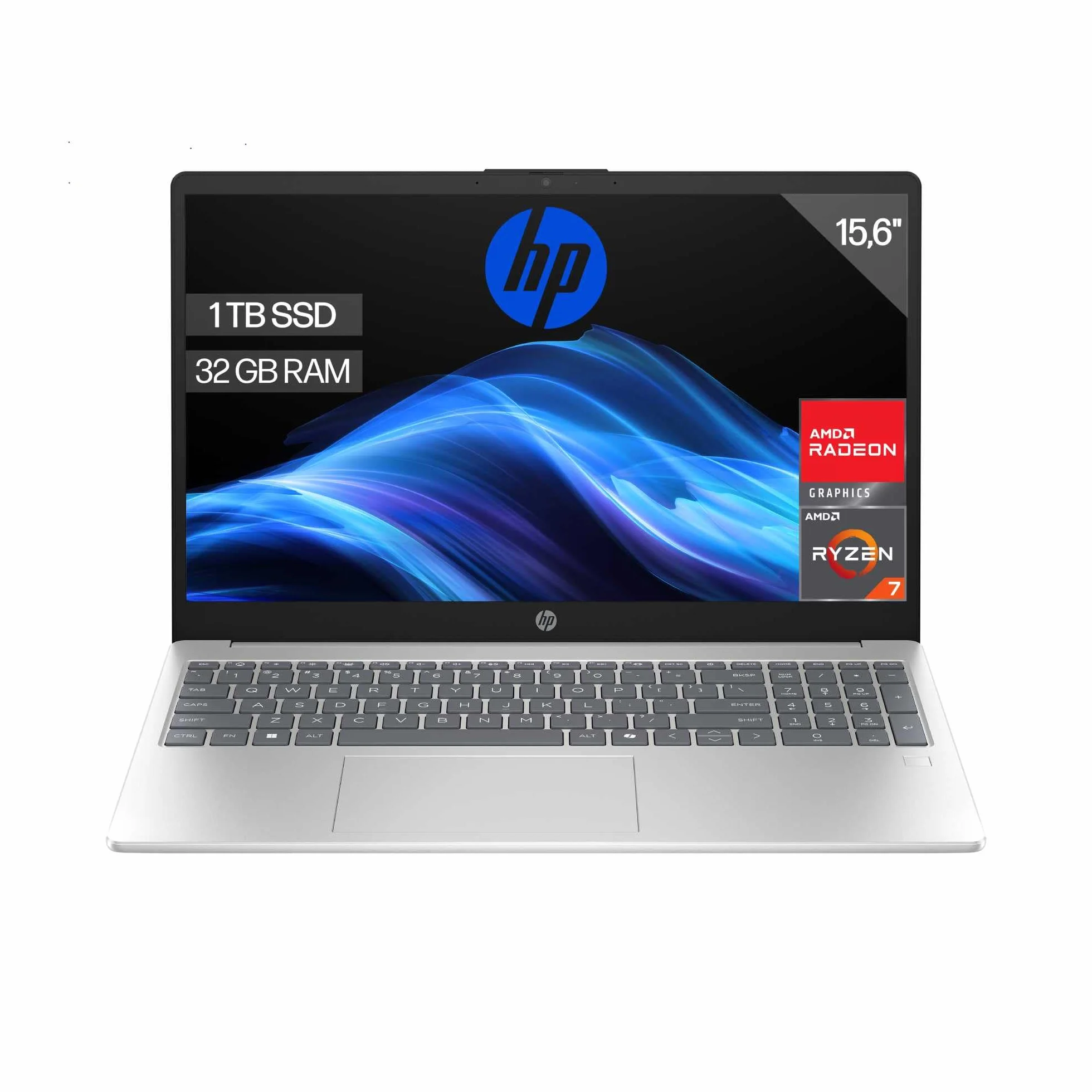 HP 15-fc0240ns - Ordenador portátil de 15.6" FHD (AMD Ryzen 7-7730U, 32 GB RAM, 1TB SSD, AMD Radeon Graphics, Sin Sistema operativo) Plata - Teclado QWERTY Español