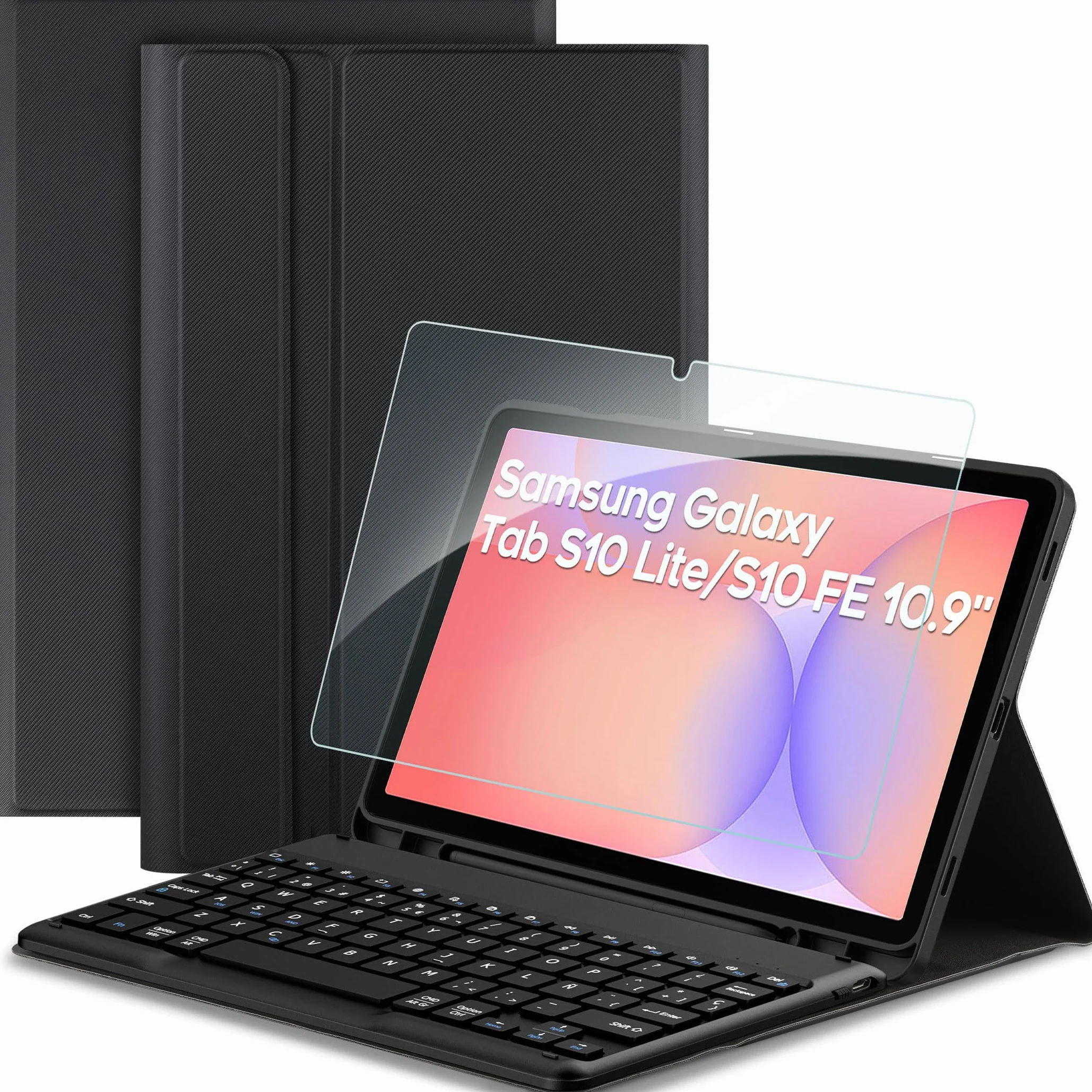 EasyAcc Funda con Teclado para Samsung Galaxy Tab S10 Lite 5G / S10 FE / S9 FE / S9 10.9" / 11" (2025/2023) con Película, Teclado Español Ñ Bluetooth Desmontable, Negro