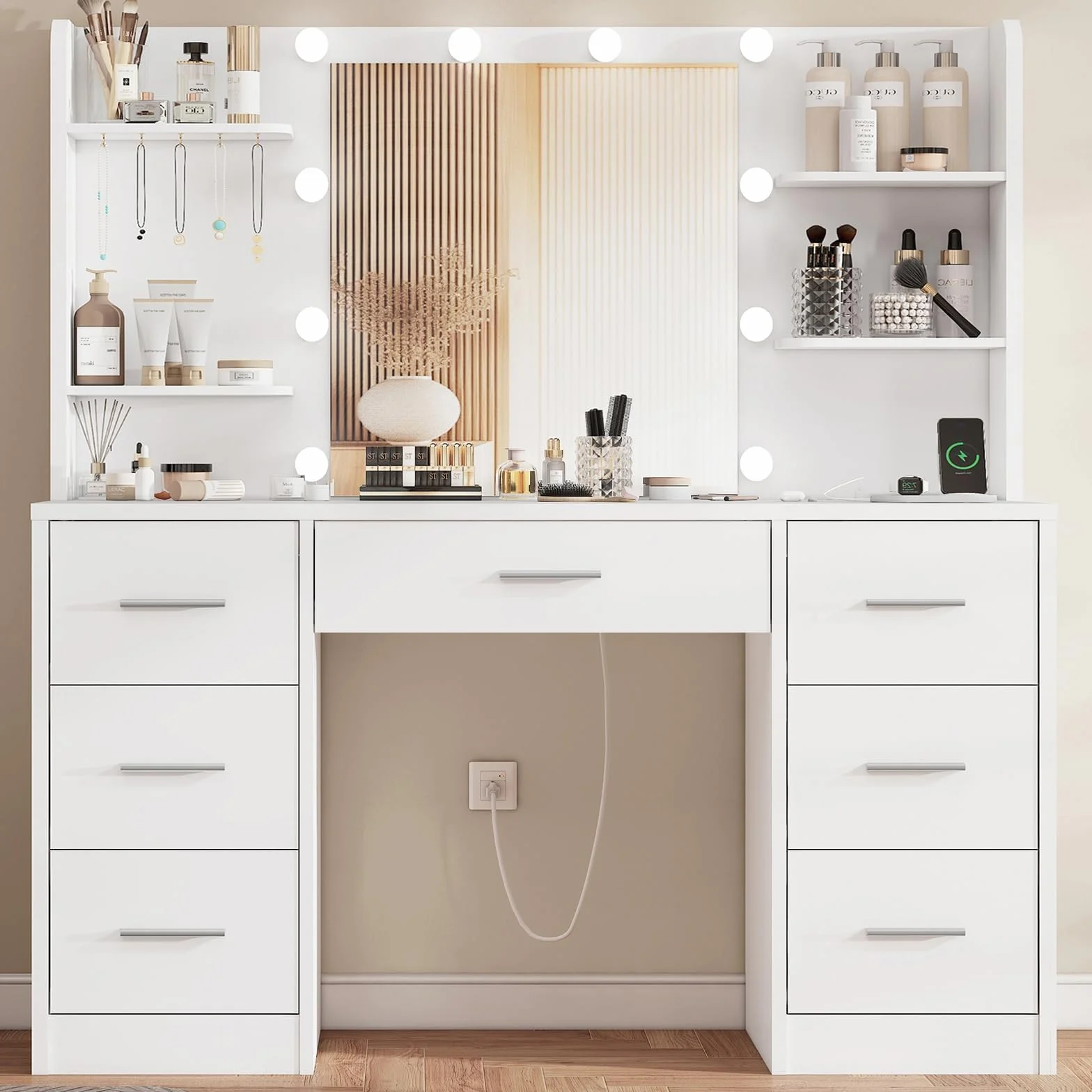 TEENFON Tocador de Maquillaje con Luces LED Regulables, Mesa de Maquillaje con Espejo, 7 Cajones, Blanco