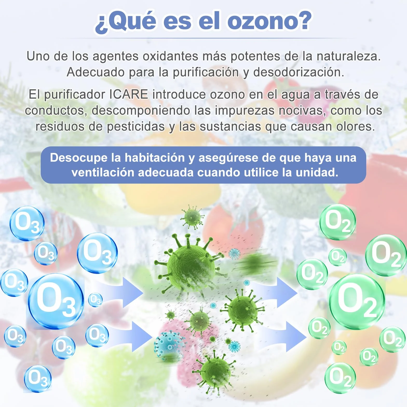 ICARE Ozonizador de agua 1000mg/h con temporizador 60 minutos purificación frutas verduras carne