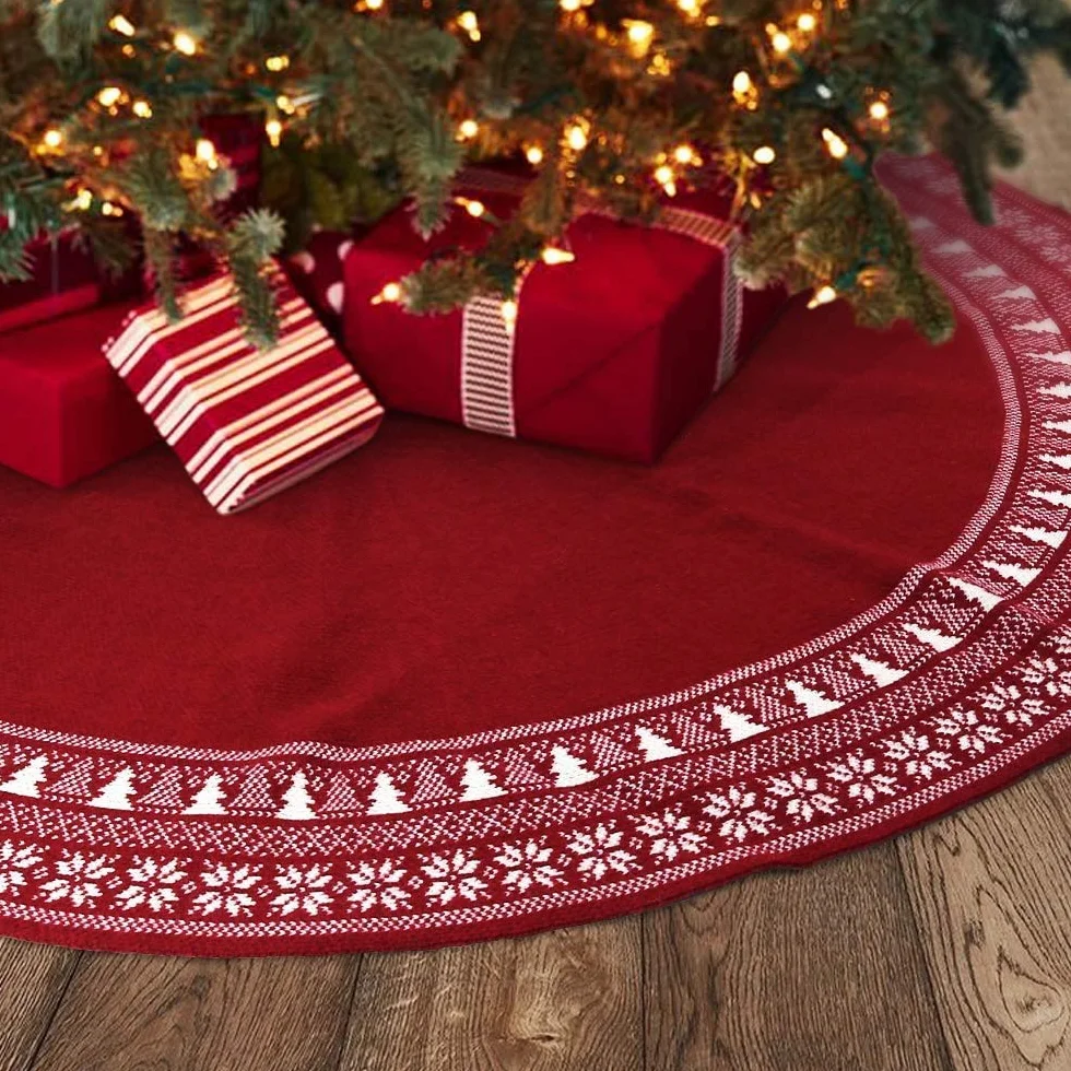 Falda de árbol de Navidad Dremisland 122cm rústica tejida burdeos copo de nieve decoración hogar