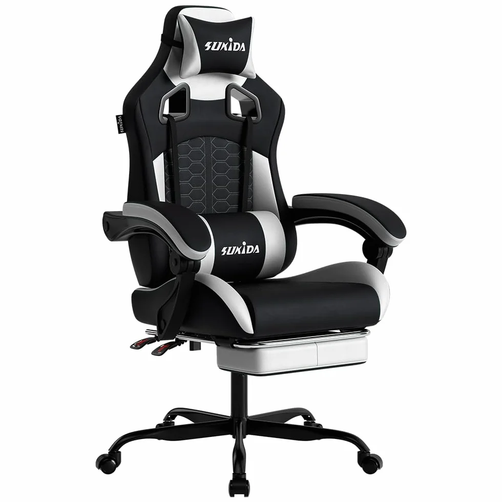 Silla Ergonómica para Videojuegos SUKIDA, Piel Sintética, Reposacabezas, Soporte Lumbar, 150 kg