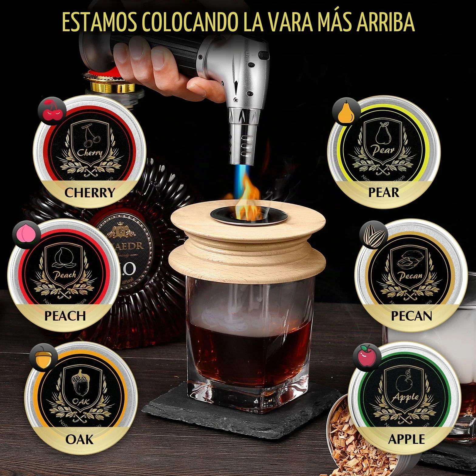 CWLAKON Kit de Fumador de Cóctel con Antorcha para Whisky Bourbon Old Fashioned con 6 Chips de Madera