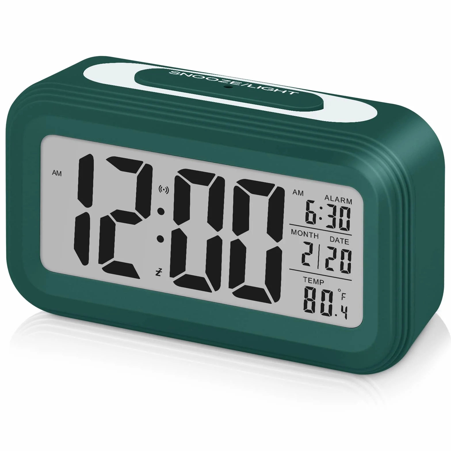 Despertador Digital Silencioso Inteligente a Baterías con LED Luminoso Función Snooze Fecha Temperatura Verde Oscuro