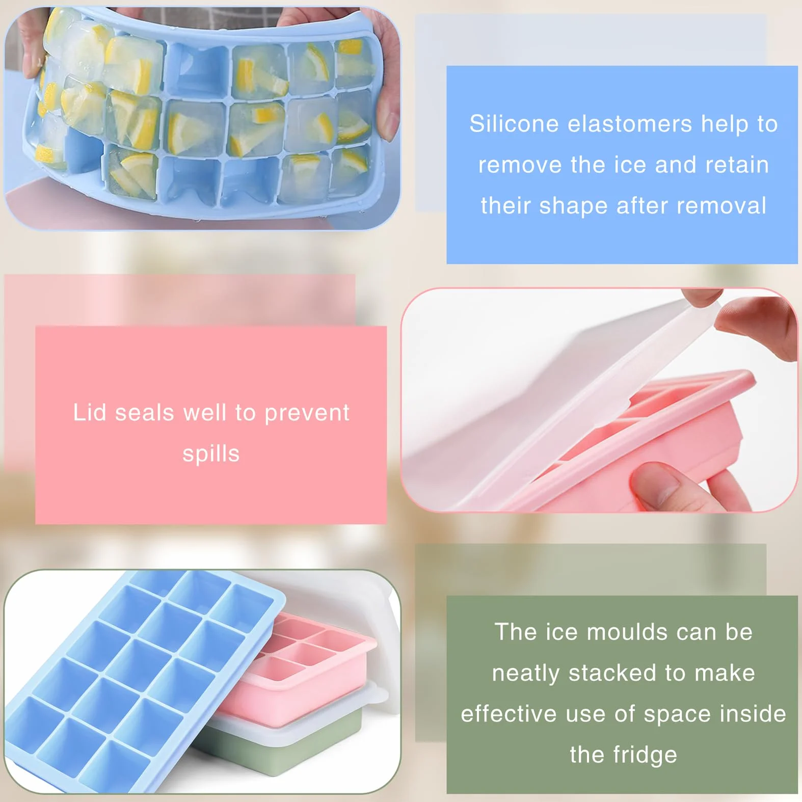 Cubiteras para Hielo con Tapa, Moldes de Silicona Apilable, sin BPA, 3 Piezas