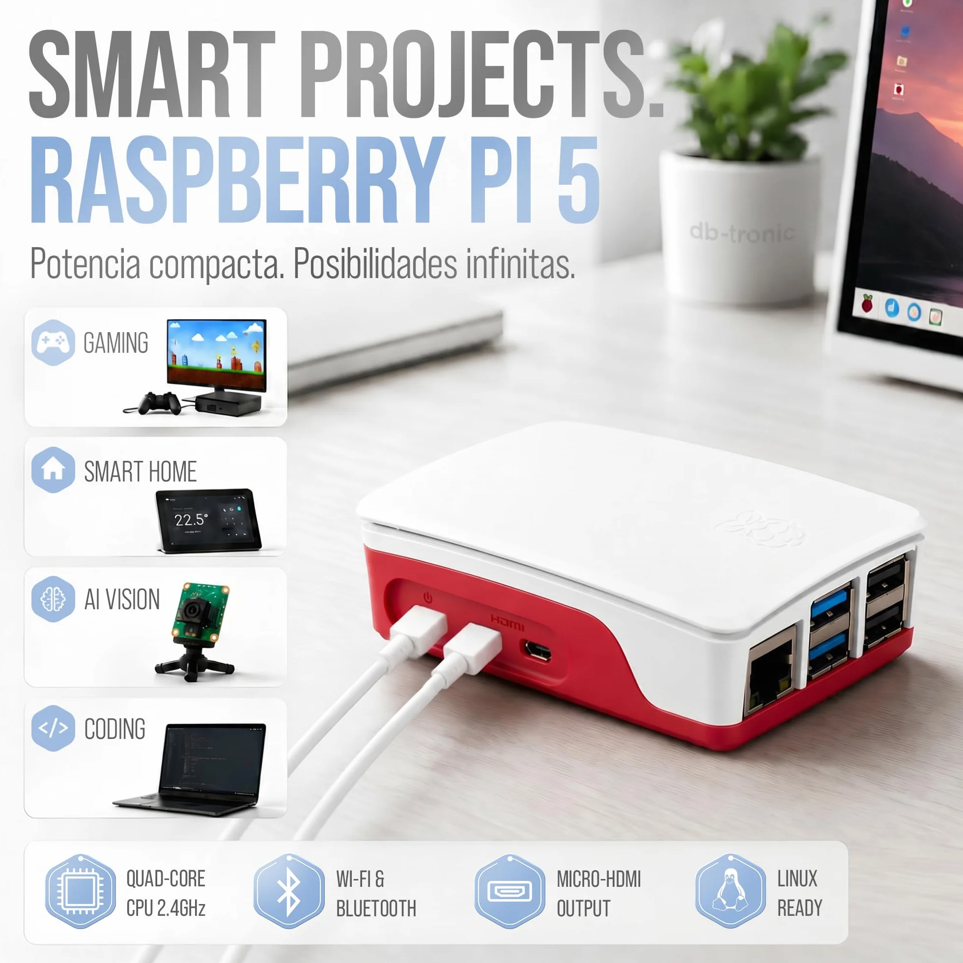 db-tronic Raspberry Pi 5 1 GB Starter Kit | Edición 64 GB | Alimentación 27 W | Carcasa con Ventilador | Micro HDMI 4K | Disipador | Ideal para Home Assistant y el Smart Home