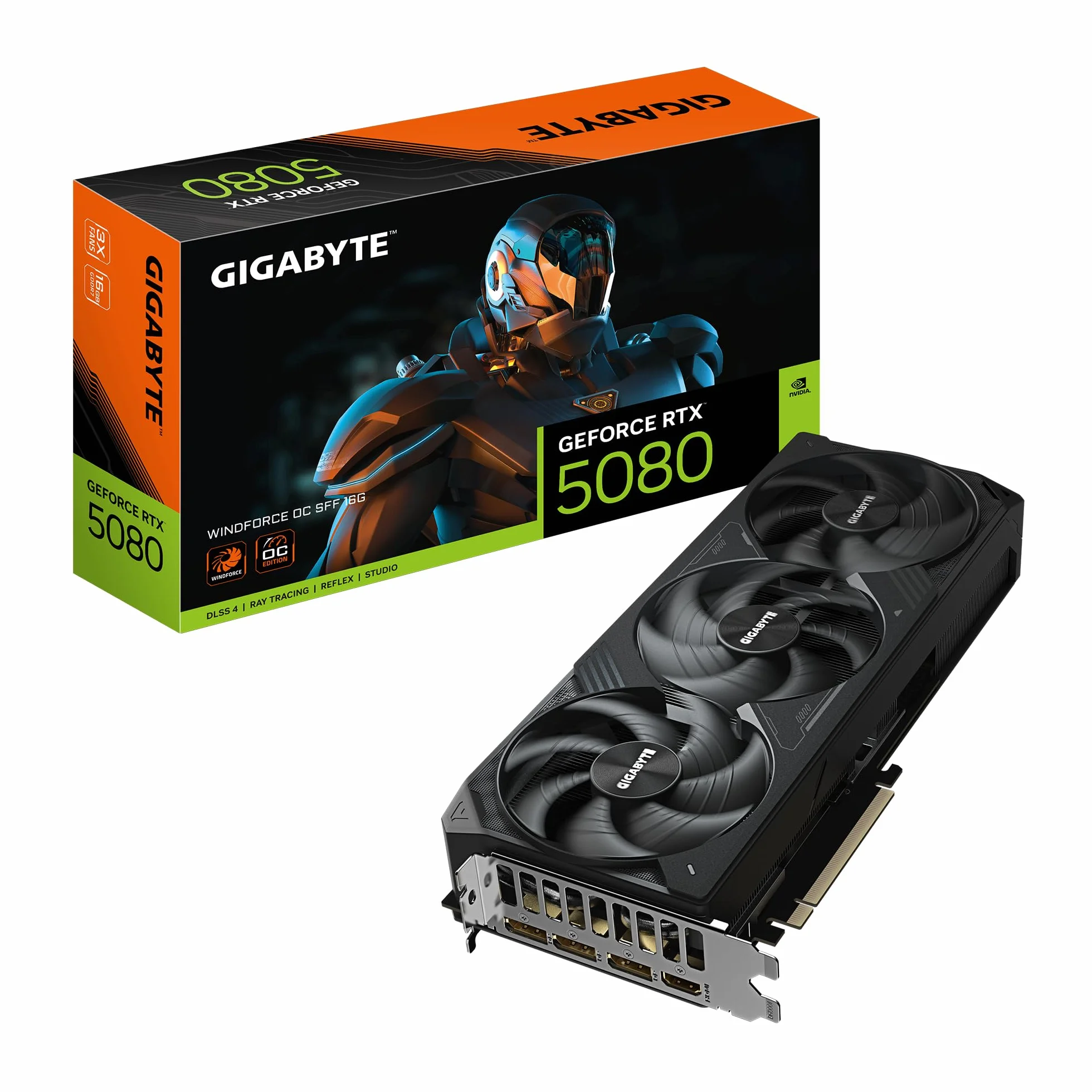 GIGABYTE GeForce RTX 5080 WINDFORCE OC SFF 16G Tarjeta Gráfica - 16GB GDDR7, 256 bits, PCI-E 5.0, 2670MHz Frecuencia Base, 3 x DP 2.1a, 1 x HDMI 2.1b, GV-N5080WF3OC-16GD
