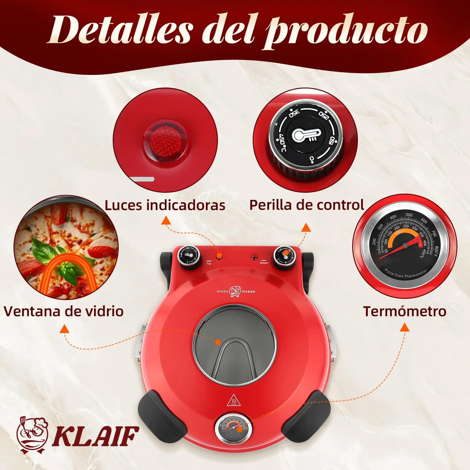 KLAIF Horno eléctrico para pizza 31 cm con piedra de cerámica, controles de temperatura ajustables, 4 herramientas, rojo