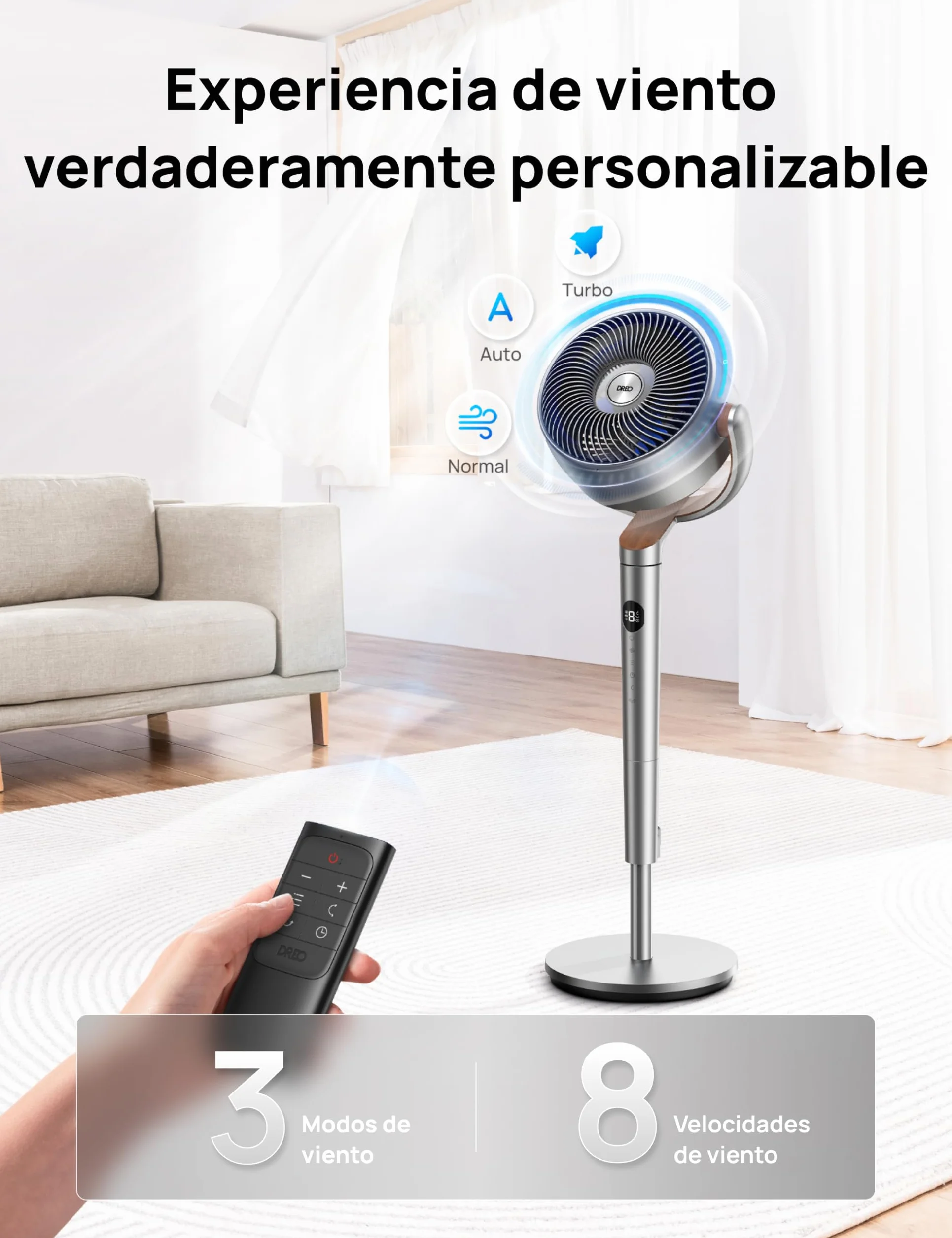 Dreo Ventilador de Pie Silencioso Control Remoto 24 m Alcance 23dB 1200 m³/h 3 Modos 8 Velocidades Temporizador Oscilación 120°