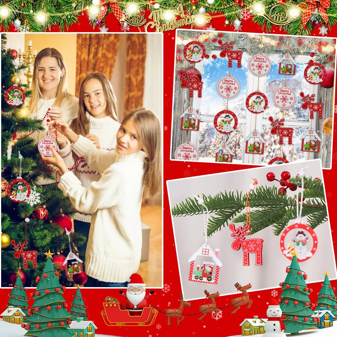 QINERSAW 24 Piezas Adornos de Madera para Árbol de Navidad con Cordel