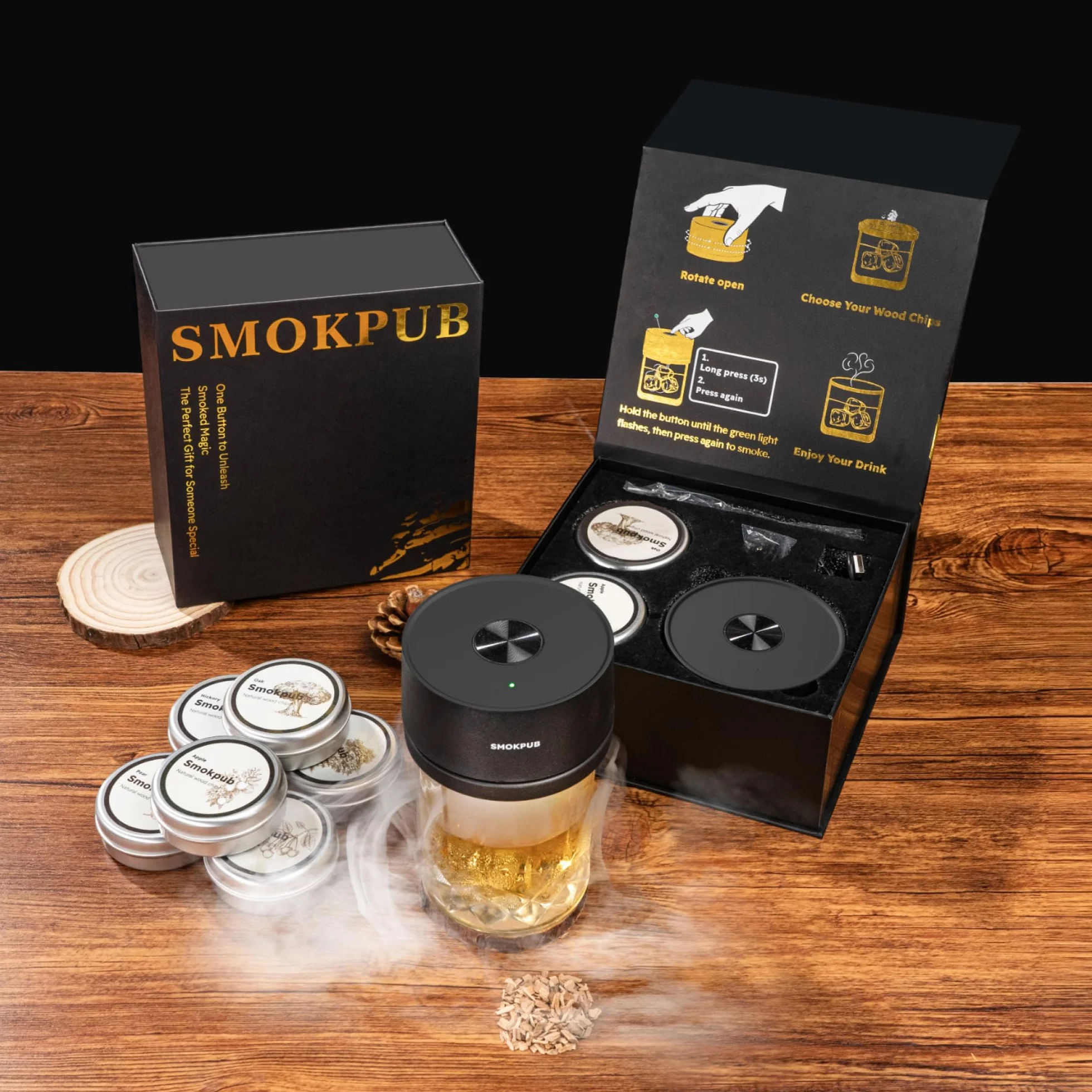 SMOKPUB Kit de Ahumador Eléctrico para Whisky con 6 Chips de Madera