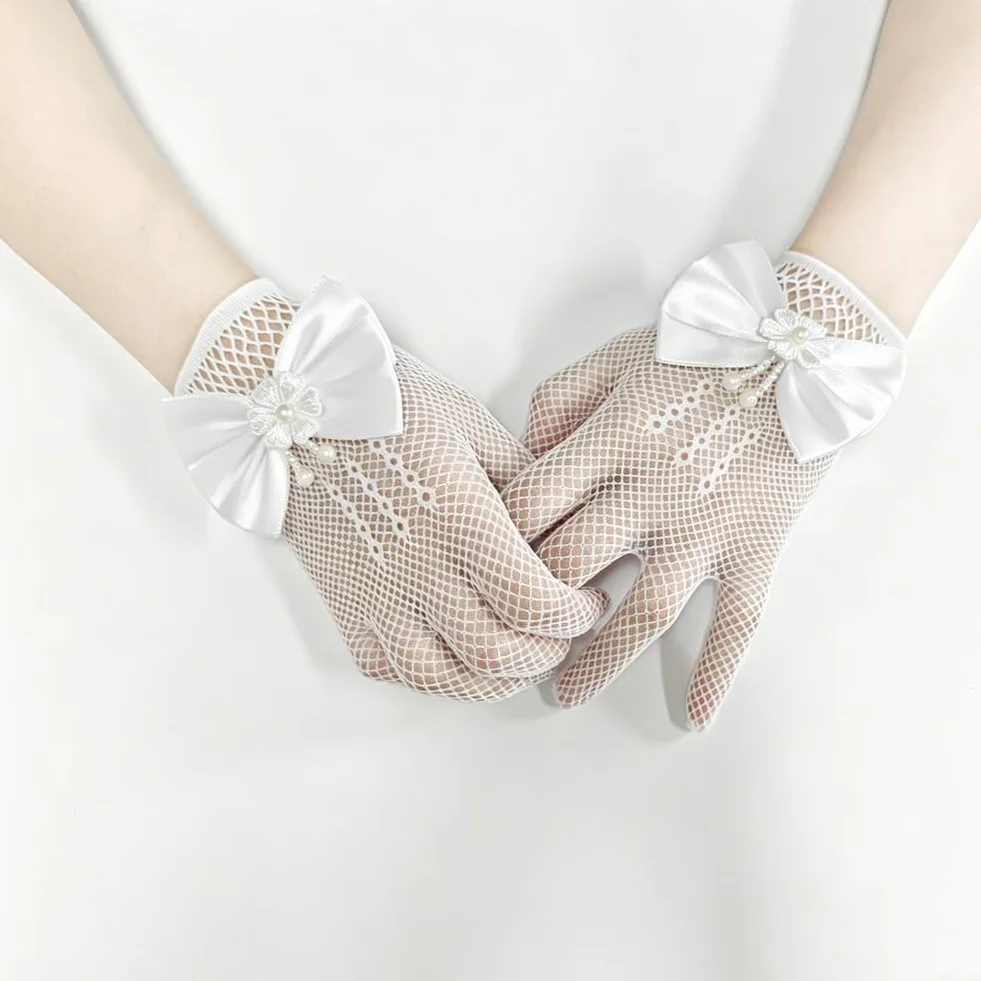 SwirlColor Guantes Blancos de Satén Organza para Niña Primera Comunión Boda Fiesta con Encaje Floral