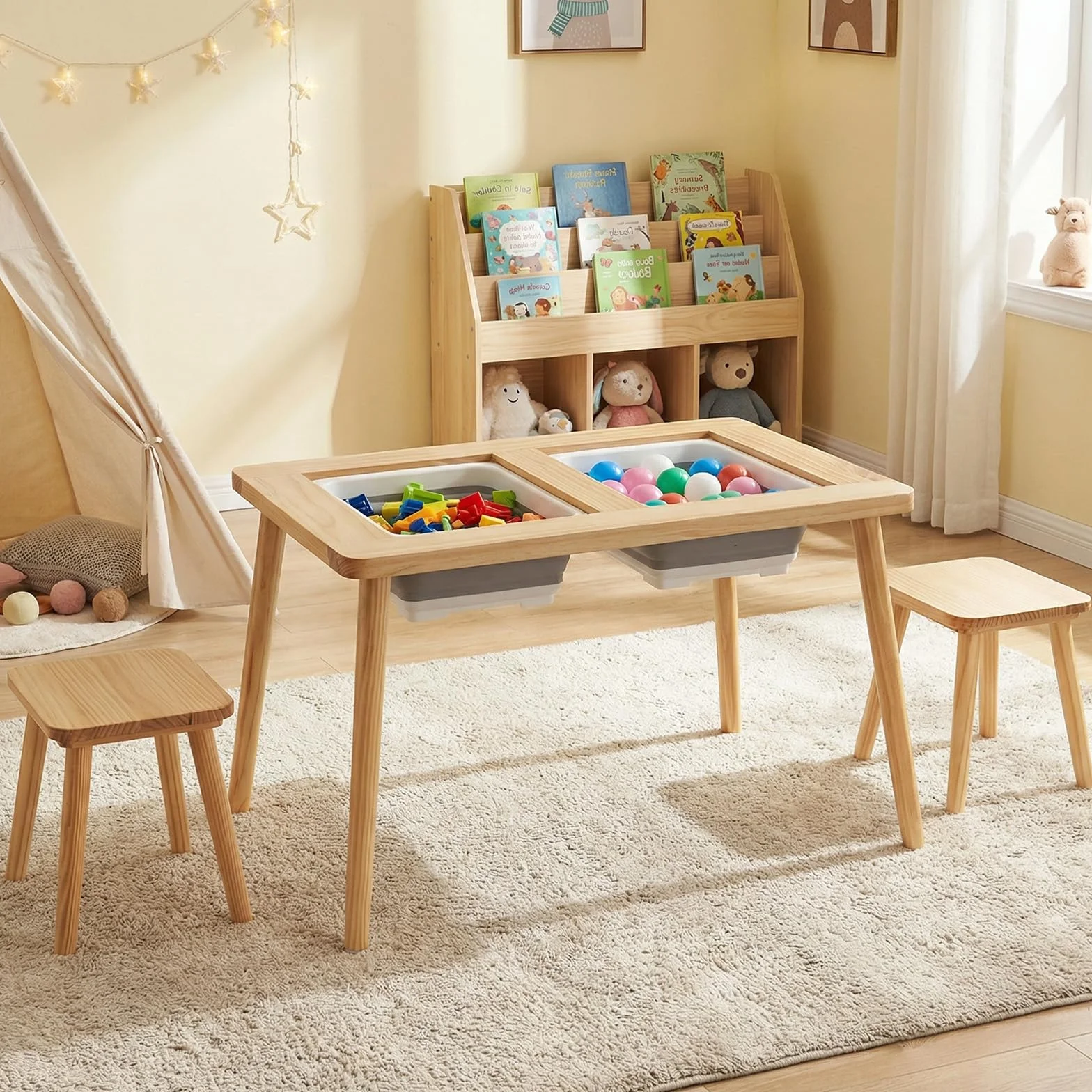COSTWAY Mesa Sensorial Montessori con 2 Taburetes, Sillas Niños Superficies Doble Faz Desmontables, Cubetas Almacenamiento, Patas Madera Pino