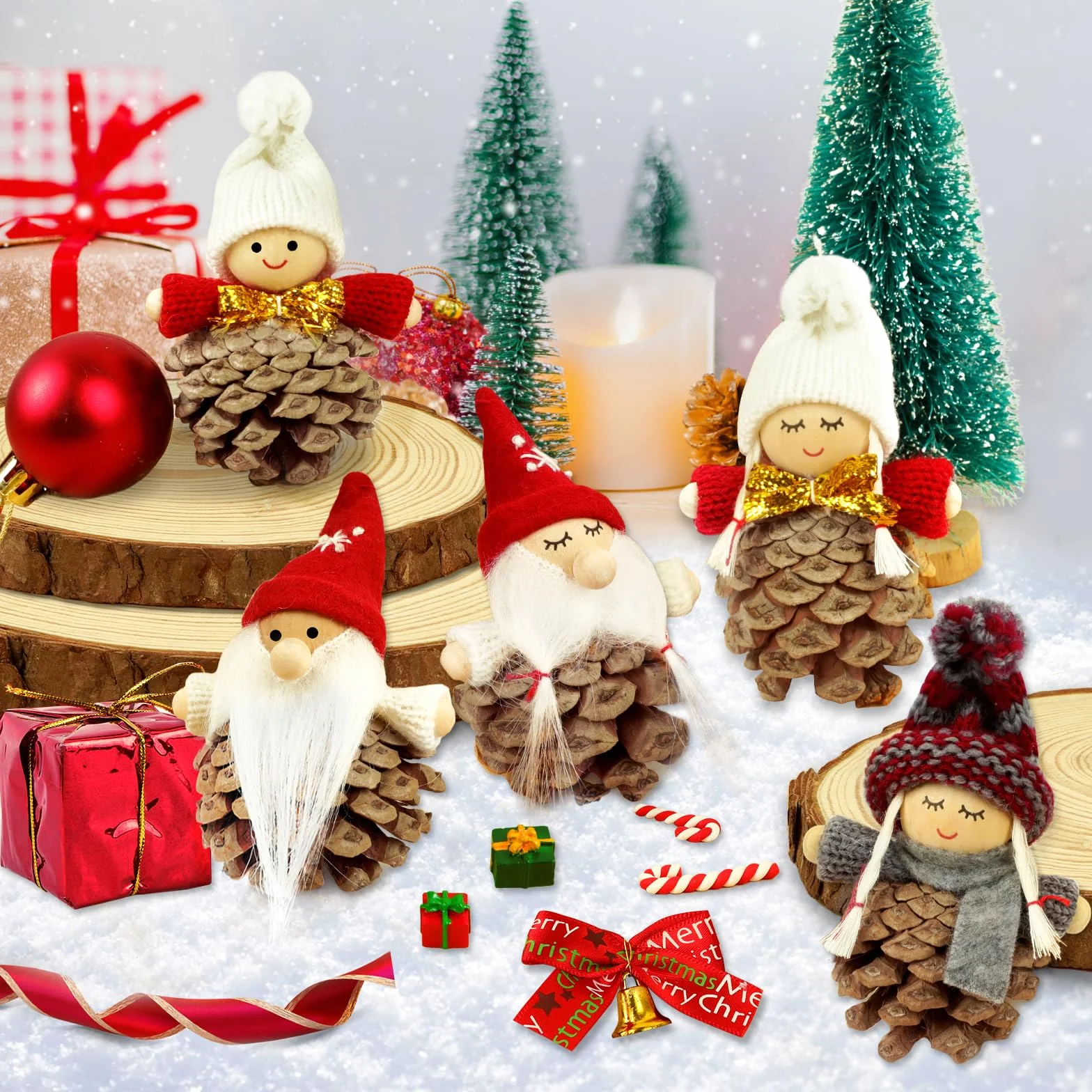 Adornos Navidad Madera 8 Piezas Elfo Gnomos Piñas Navideños Papa Noel Decoracion