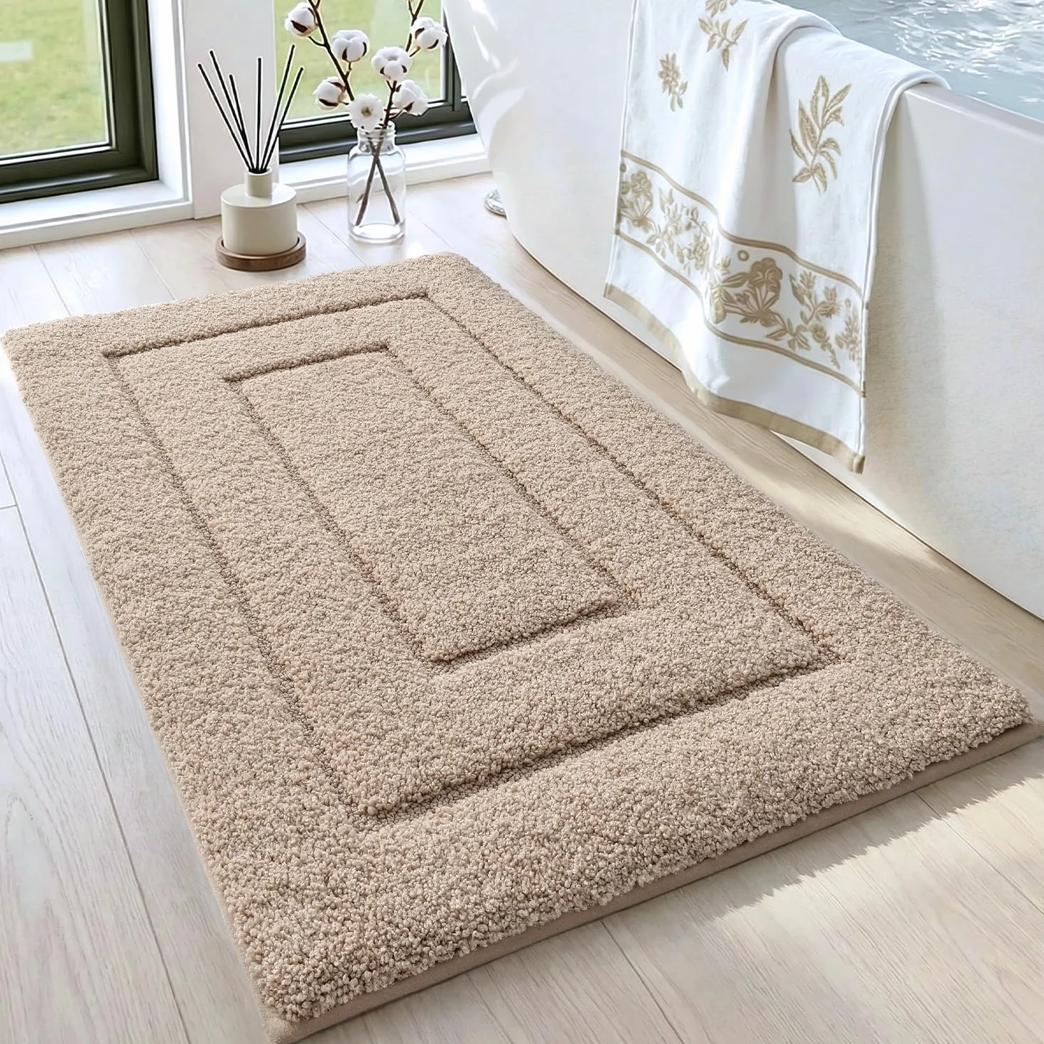 Alfombra Baño Antideslizante 40 x 60 cm Microfibra Súper Absorbente Lavable Máquina Beige