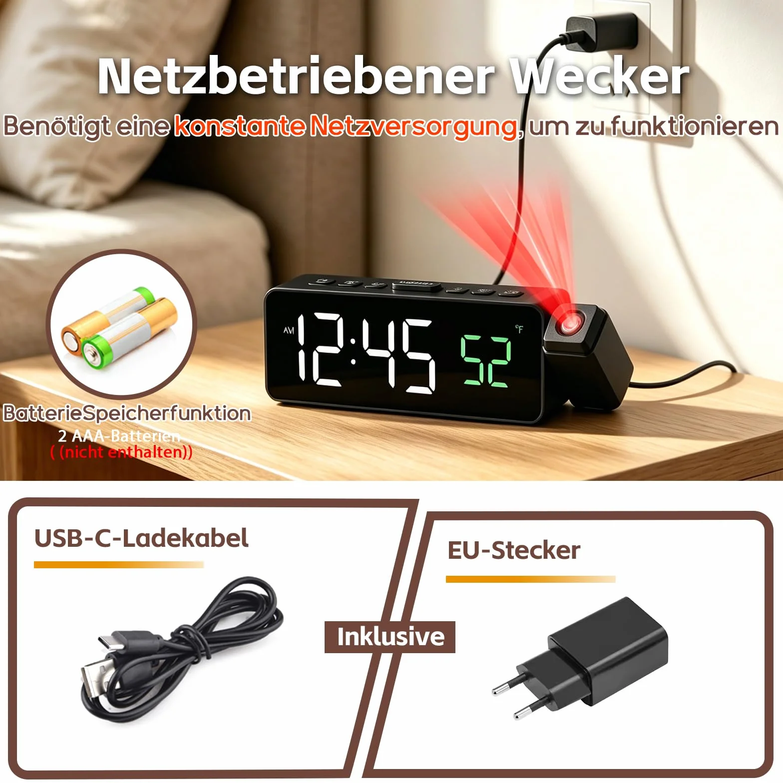 Netzu Reloj Despertador Digital con Proyector 180° Pantalla LED Temperatura Brillo Ajustable