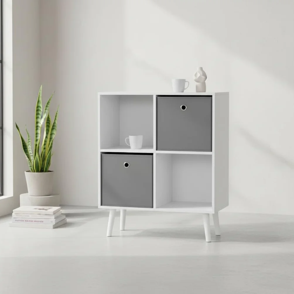 Estantería Cubo de Madera 4 Compartimentos 60x29x75 cm Blanca y Gris con Cajones Extraíbles